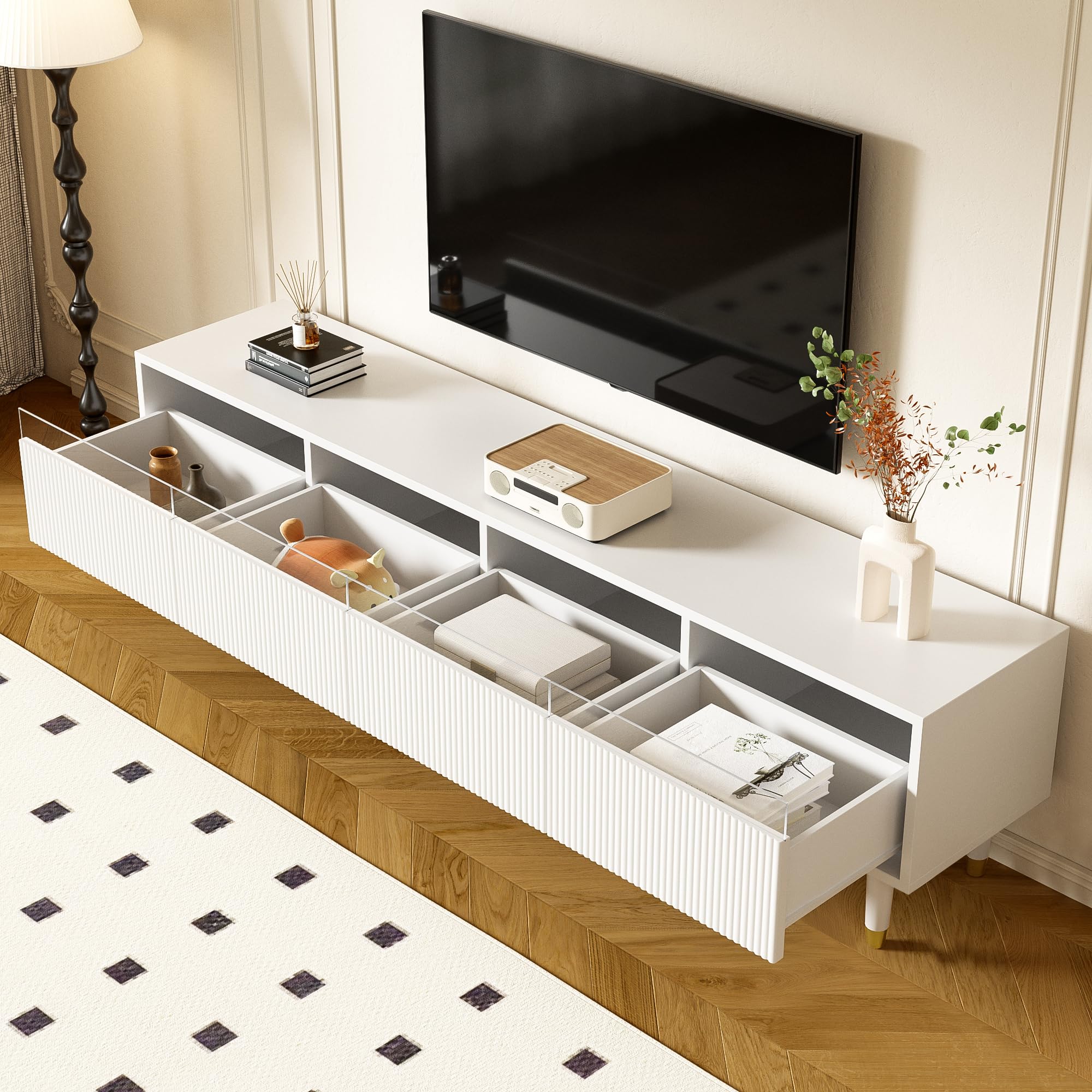 Merax TV-Schrank Lowboard TV-Möbel mit 4 Schubladen,178 x 35 x 45 cm MDF & Acryl, Kabelmanagement, stabil & stilvoll, minimalistisches Wohnzimmermöbel - weiß