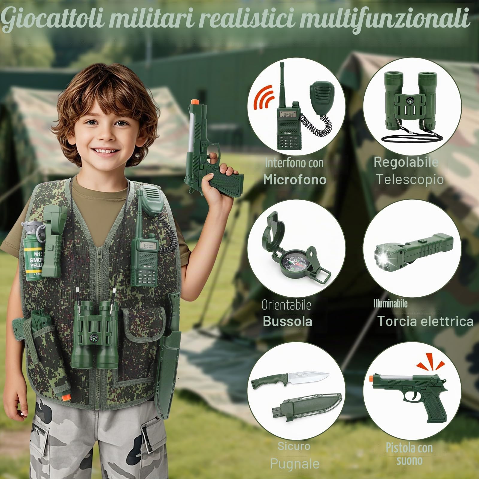 deAO Costume da Soldato per Bambini, Set Travestimento Militare Mimetica | Elmetto, Binocolo, Pistola Giocattolo, Granate Giocattolo, Accessori per Soldato Militare - Set per Gioco di Ruolo, 3 Anni+