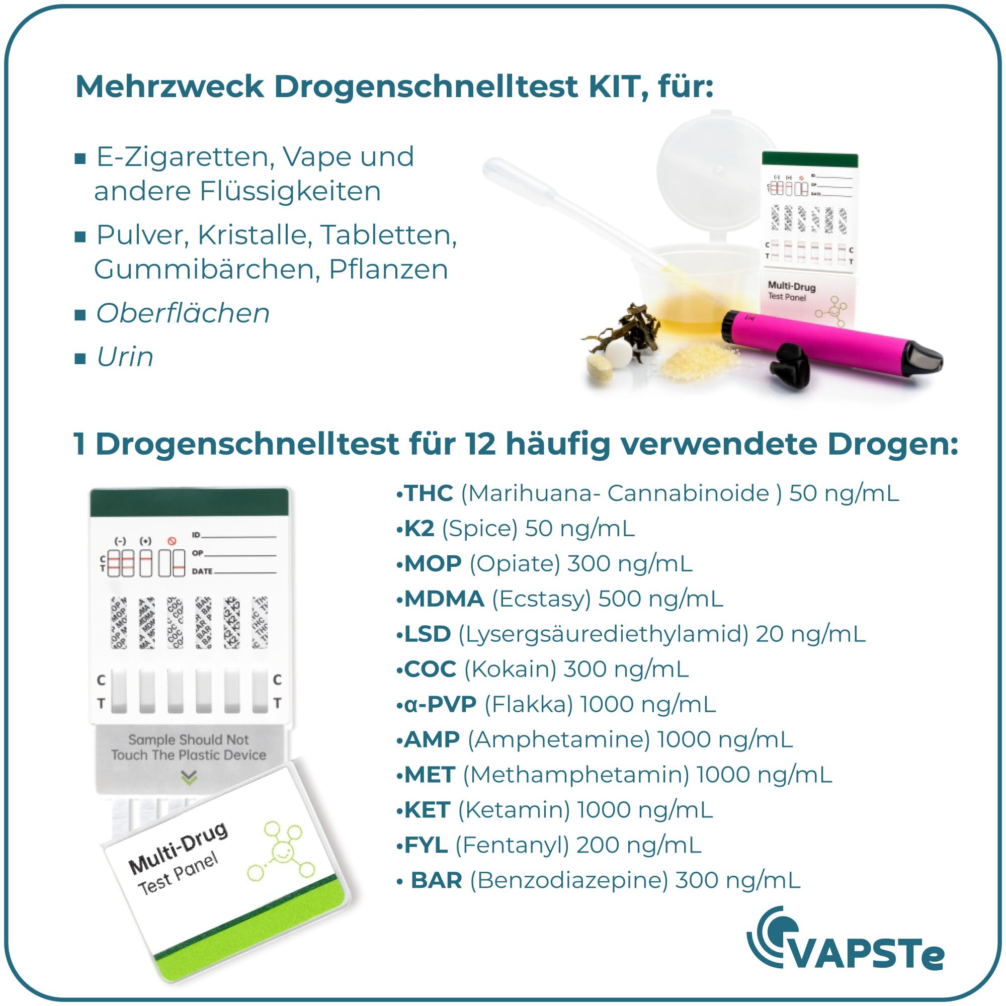 VAPSTe 12 in 1 Drogentest KIT für Flüssigkeiten, Oberflächen, Urin,  Substanzen | Drogenschnelltest Dip-Karten