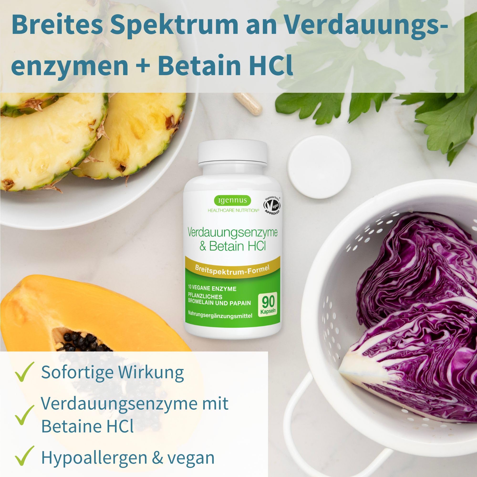 Schnell wirkender Verdauungsenzyme Komplex mit Betain HCl & Bromelain, 10 vegane Enzyme mit Papain & Lipase, umfassende Verdauungshilfe, hypoallergen, 90 Kapseln, von Igennus
