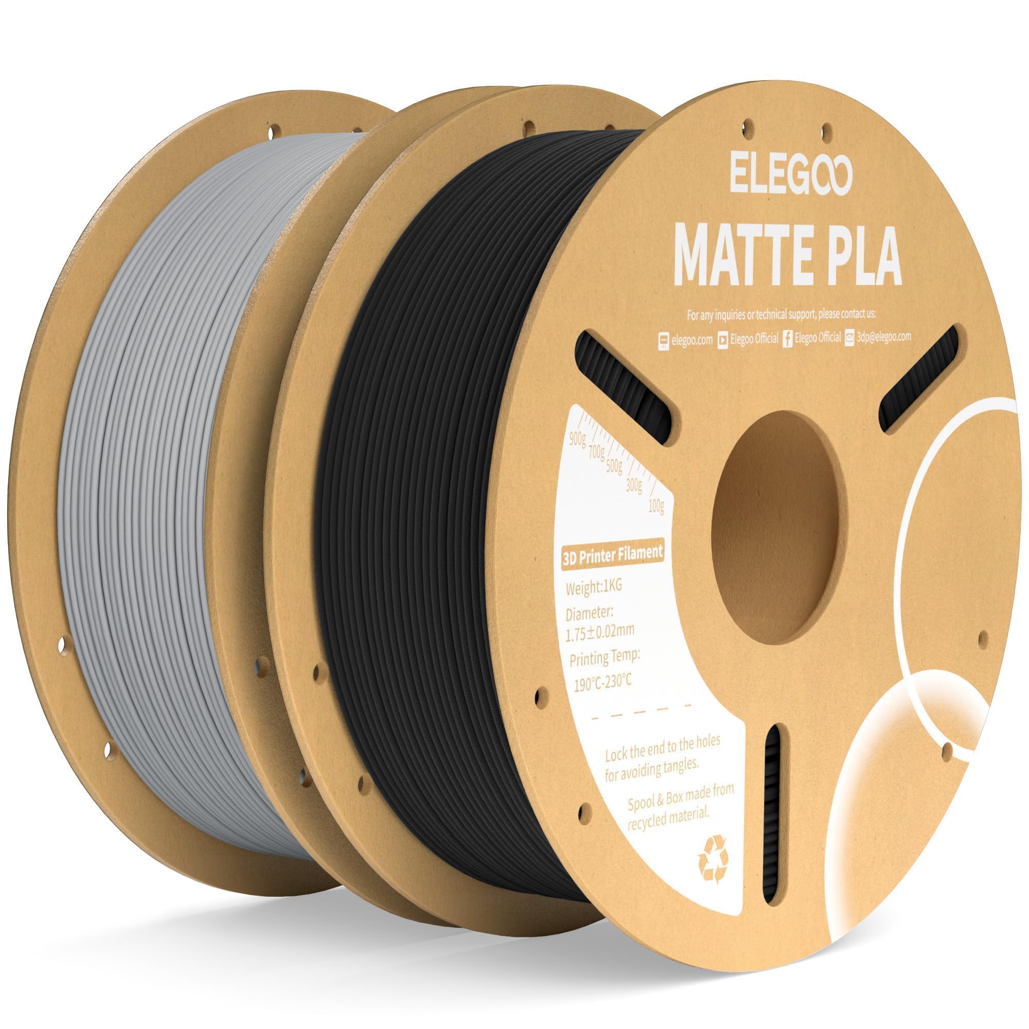 ELEGOO Matte PLA Filament Black & Slate Gray 2KG, 1.75mm 3D Printer Filament Dimensional Accuracy +/- 0.02mm, 2pcs 1kg Carboard Spool (2.2lbs) for