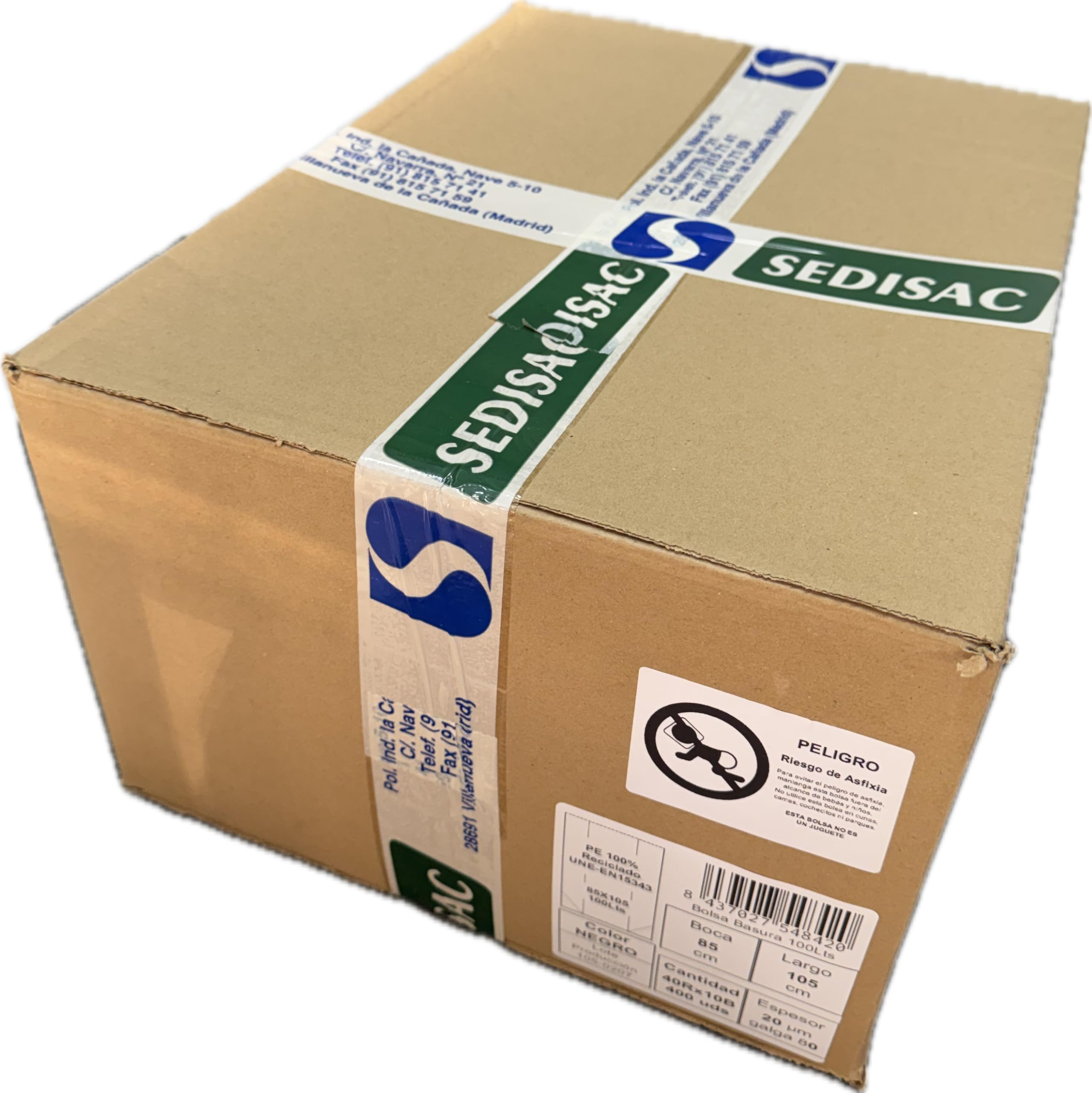 ★400 Bolsas de Basura SEDISAC PE 100% Reciclado UNE-EN15343 100L 85x105 20µm galga 80 Negras. (400 uds.) GTIN 8437027548420 Contribución al SCRAP, RD 1055/2022. ENV/2025/54349, con 0,015 €/Caja.