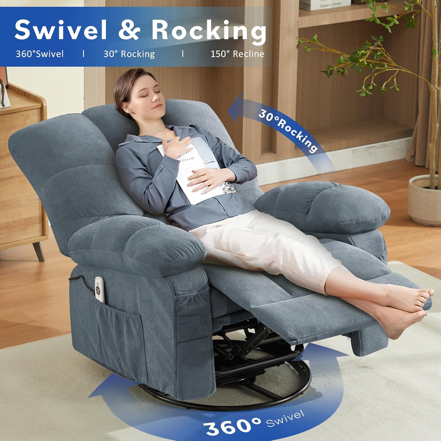 Oversized Recliner Chair with Massage and Lumbar Heating, Swivel Rocker Recliner with Remote Control, Single Sofa Chair for Adults Seniors Elderly at Living Room Bedroom Study Room