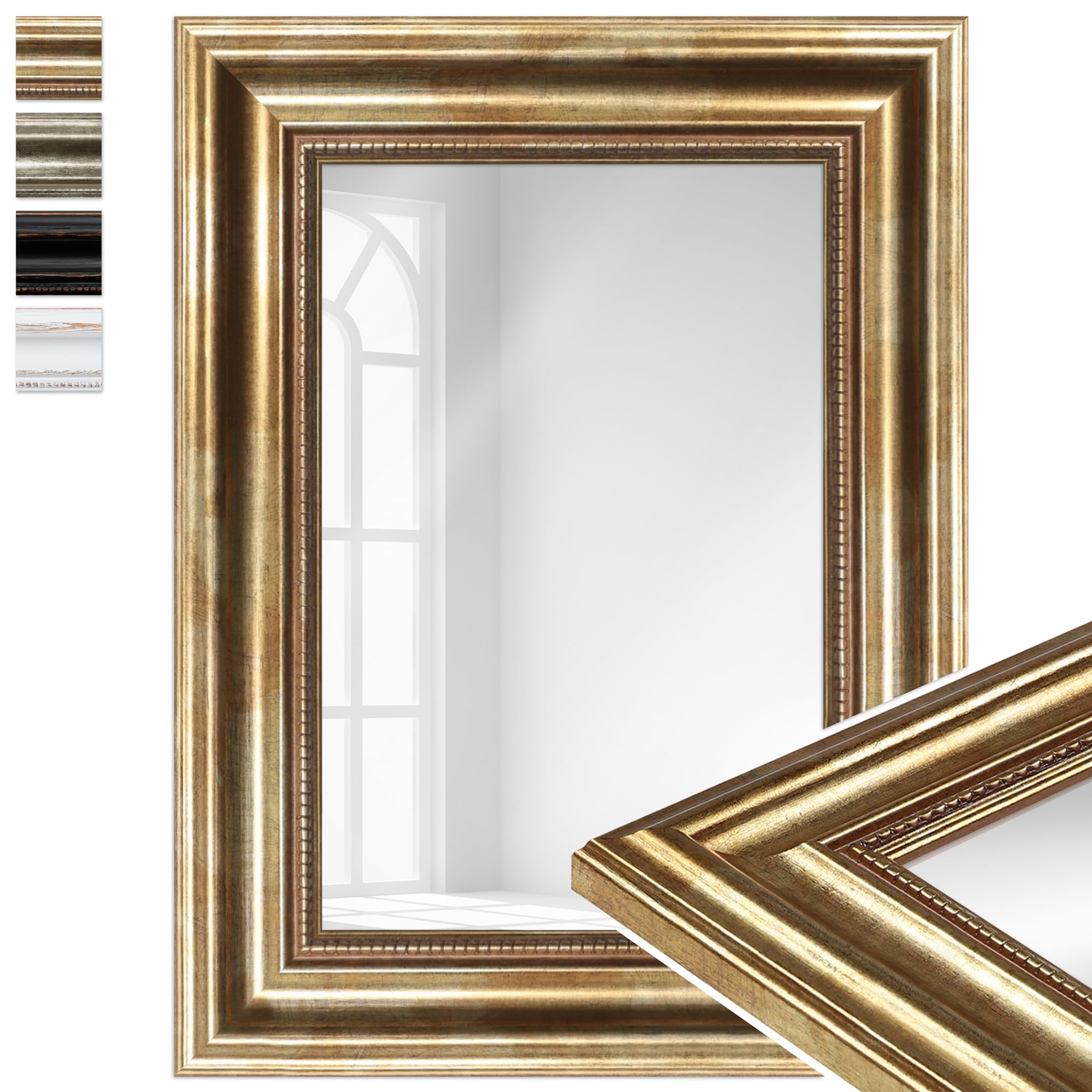 WANDStyle Kleiner Spiegel Gold, Kleiner Wandspiegel Vintage 30x40 cm | Barock Spiegel, Hängespiegel klein, Badspiegel Holz, Flurspiegel Wand, Standspiegel, H550