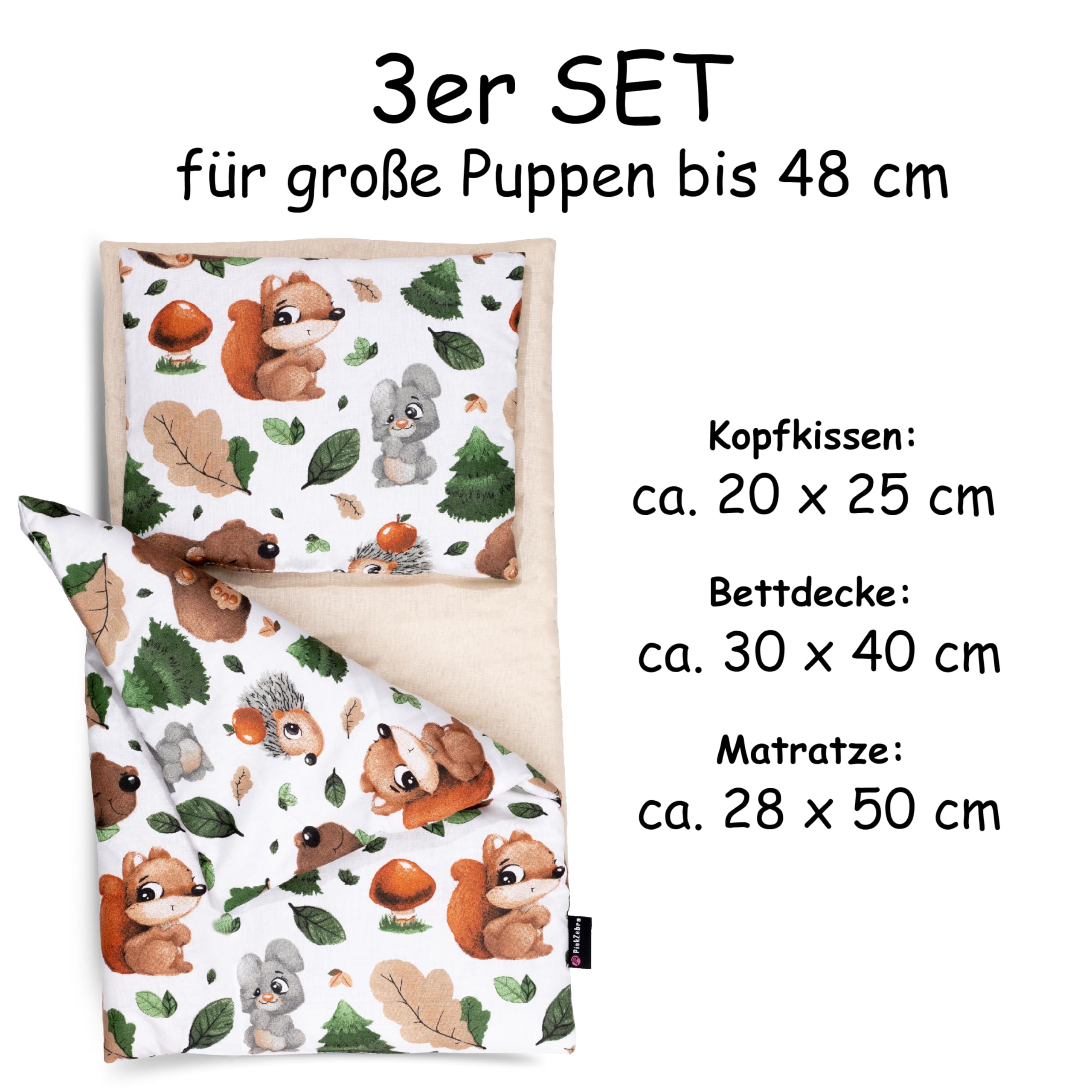 PinkZebra Biancheria da letto per bambole fino a 48 cm, 3 pezzi, coperta + cuscino + materasso, biancheria da letto per bambole con materasso, biancheria da letto in cotone per letto delle bambole