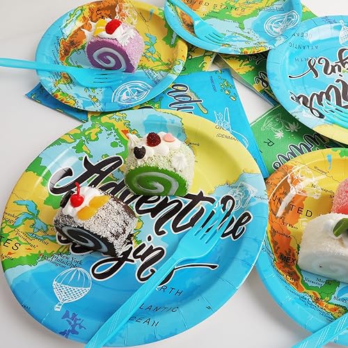 Miniatura 5 de Wiooffen 96 piezas de suministros de fiesta Adventure Awaits - Platos de viaje para fiesta de mapa, servilletas, tenedores para cumpleaños,