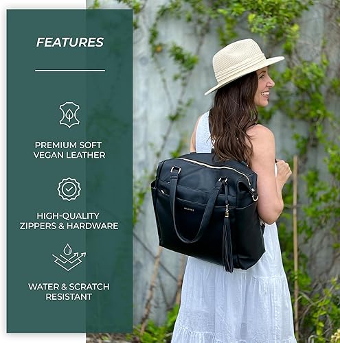 Miniatura 2 de Mochila grande para pañales, bolsa de viaje de cuero vegano con cambiador y correas para cochecito