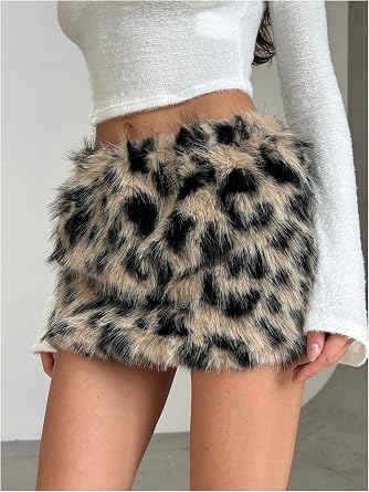 SHENHE Women's Mini Skirt Fuzzy Fur Cheetah Print Low Rise Summer Skirts Clubwear Rave