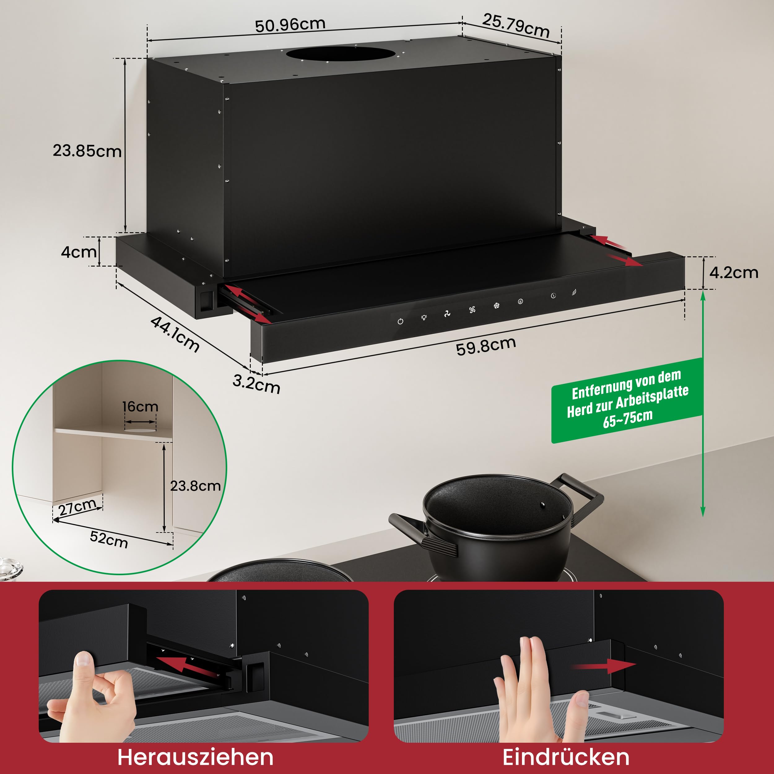 LEVIVO Dunstabzugshaube 60cm Unterbau Umluft Abluft 750 m³/h Flachschirmhaube 3 Stufen LED-Licht Ausziehbar Schwarz