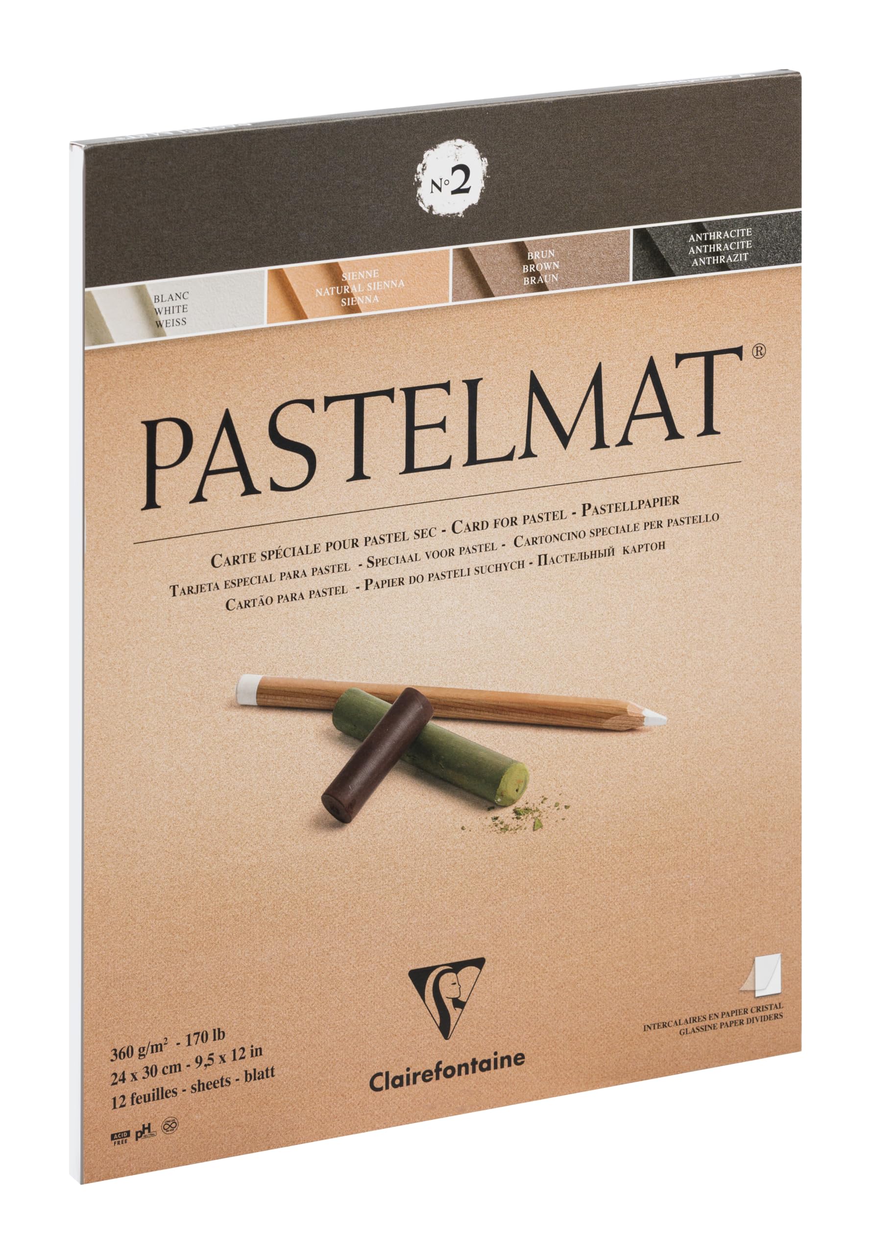Clairefontaine 96007C Zeichenblock Pastelmat (12 Blatt, 24 x 30 cm, 360 g, mit 4 transparenten Trennblättern, Spezielkarton ideal fur Pastell und Kreide) braun, anthrazit, weiß und hellbraun