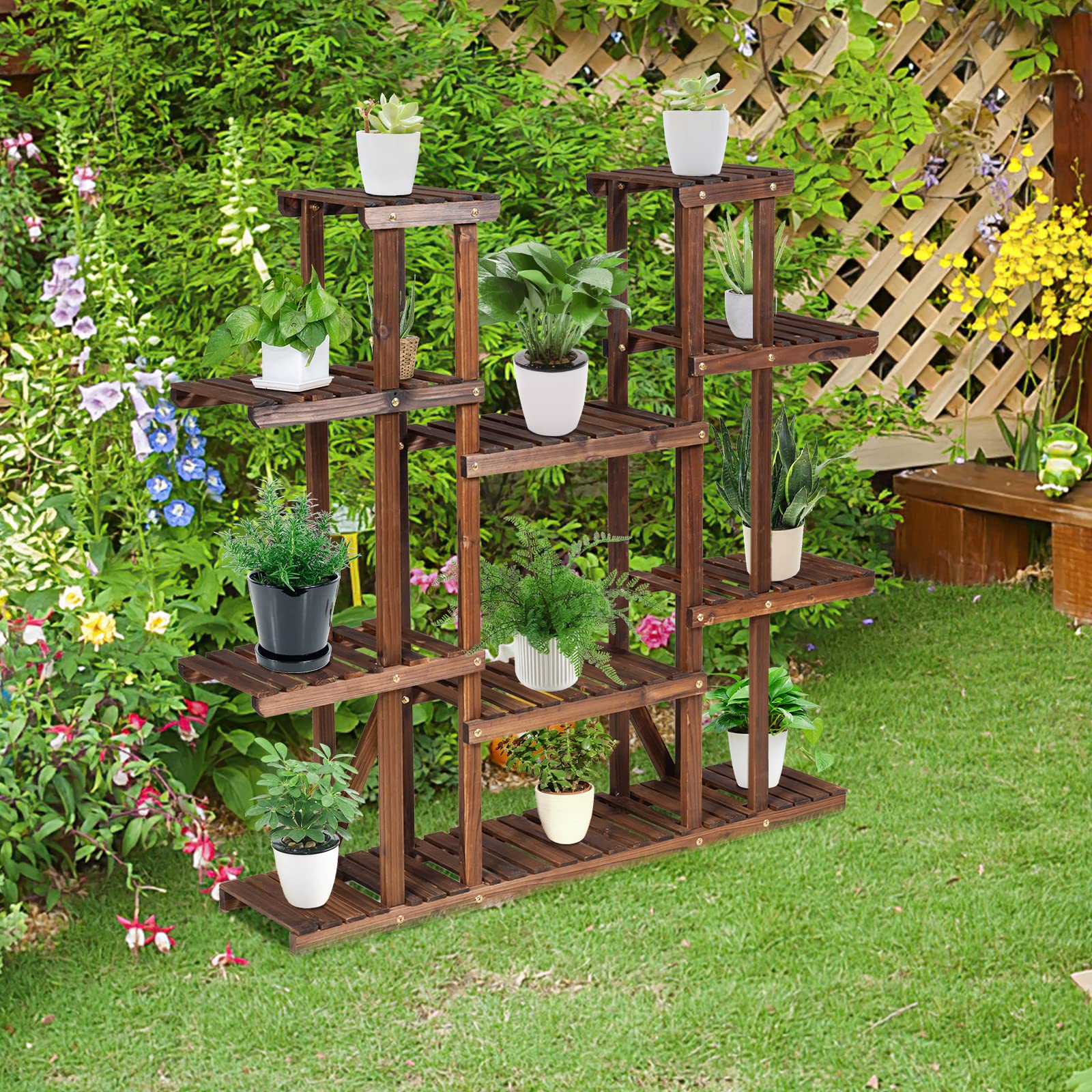 GOPLUS Scaffale Portafiori in Legno, 5/6/7 Ripiani, Scaffali Porta Piante, Design Raffinato, in Legno Massiccio, per Interni, Esterni, Giardino, Serra (125x25x114 cm (6 Ripiani))