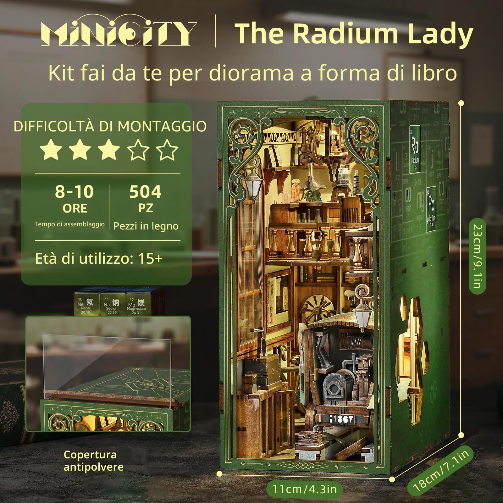 MiniCity Book Nook Kit fai da te in miniatura fermalibri 3D puzzle in legno con custodia antipolvere per appassionati di bricolage (The Radium Lady)