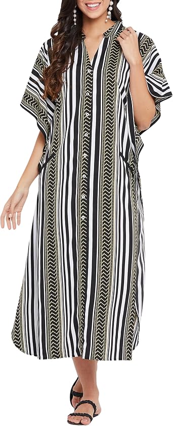 Women Plus Size Button Down Kimono Kaftan Dress with Side Slit Pockets | For Casual Summer Resort Beach Vacation Wear