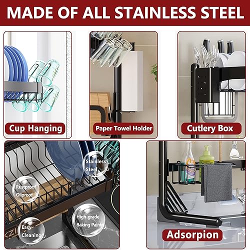 Miniatura 3 de VNKZI Escurridor de platos sobre el fregadero, 2 niveles de almacenamiento de acero inoxidable de longitud ajustable (25.98 a 36.61 pulgadas),