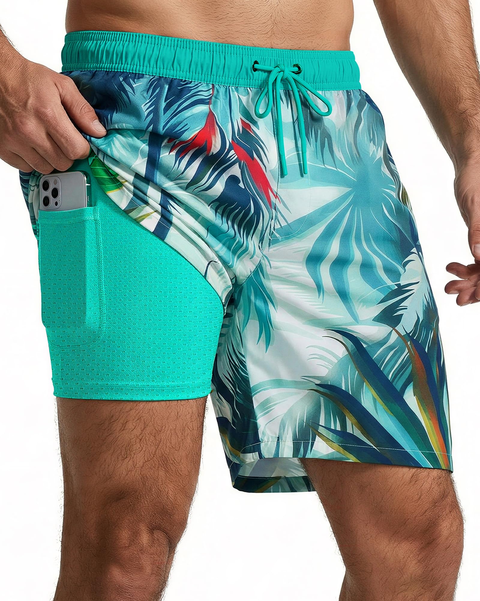 7 Inch 7in Men Swim Trunks mid-thigh Compression Liner Quick Dry Drawstring Swimwear Swimsuit Bathing Suit Fair Beach Water Shorts Big Tall Long Plus Size Large 3Xl 4Xl 5Xl Wear Attire Clothes Outfit