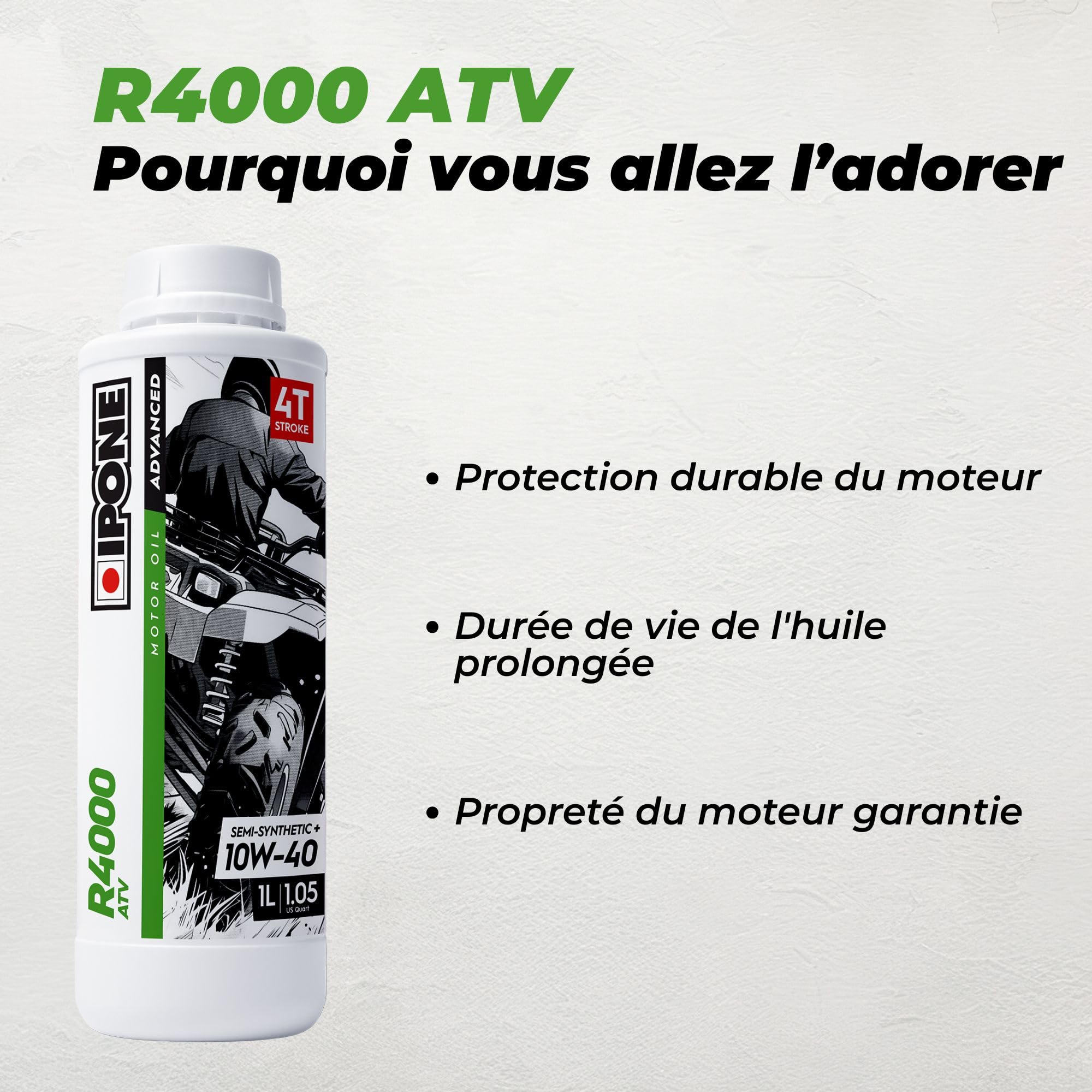 IPONE - Huile Quad 4 Temps ATV 4000 RS 10W40 - Lubrifiant Semi-Synthétique - Usages Agricole et Utilitaire - Résistance à l'Usure - Protection du moteur - Anti-corrosion et anti-oxydation - 2L