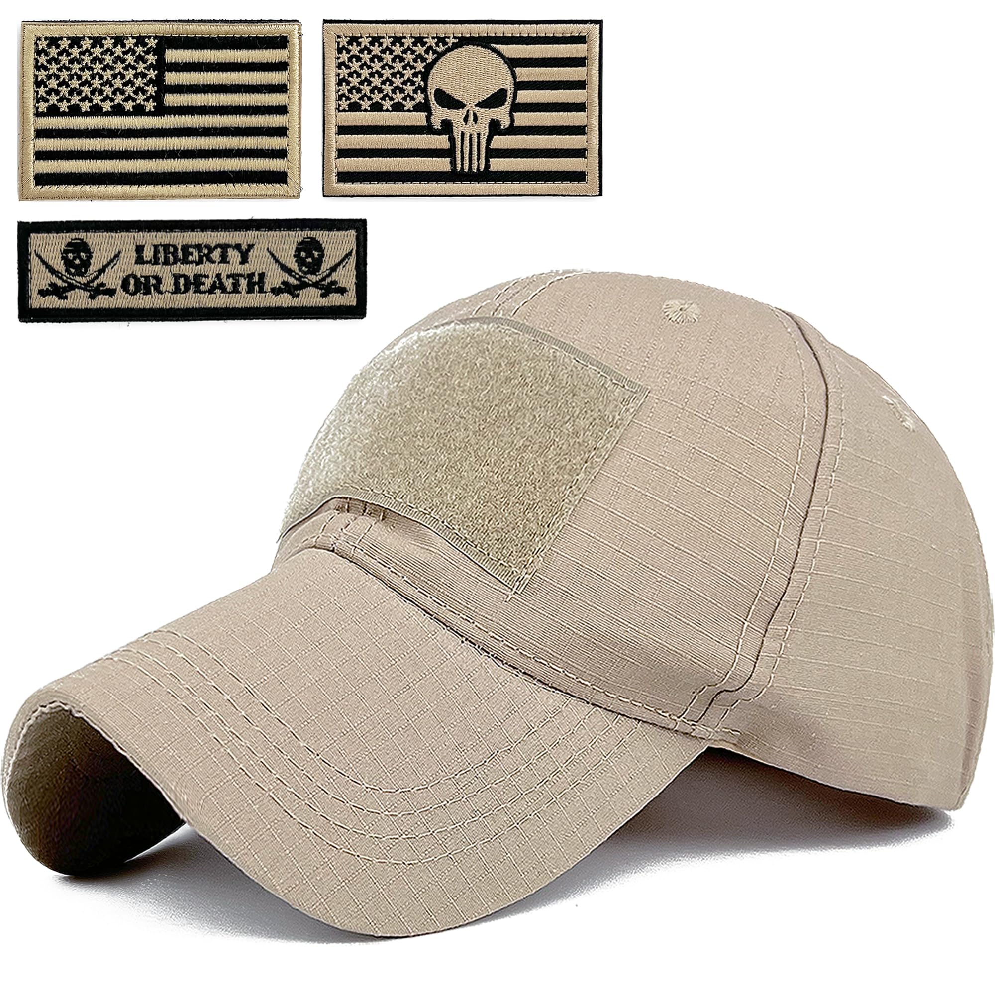 Masktide Tactical Military Mens Camo Baseball Hat with American Flag Skull Patch Patriotic Operator Camouflage Cap for Women, Army-Khaki-bk, One Size