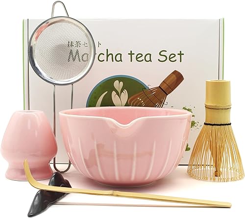 Miniatura 7 de Juego de batidor de matcha de 7 piezas, kit de cerámica con cuenco, batidor, soporte, cuchara de bambú, reposo, tamiz y toalla de té, elegante juego