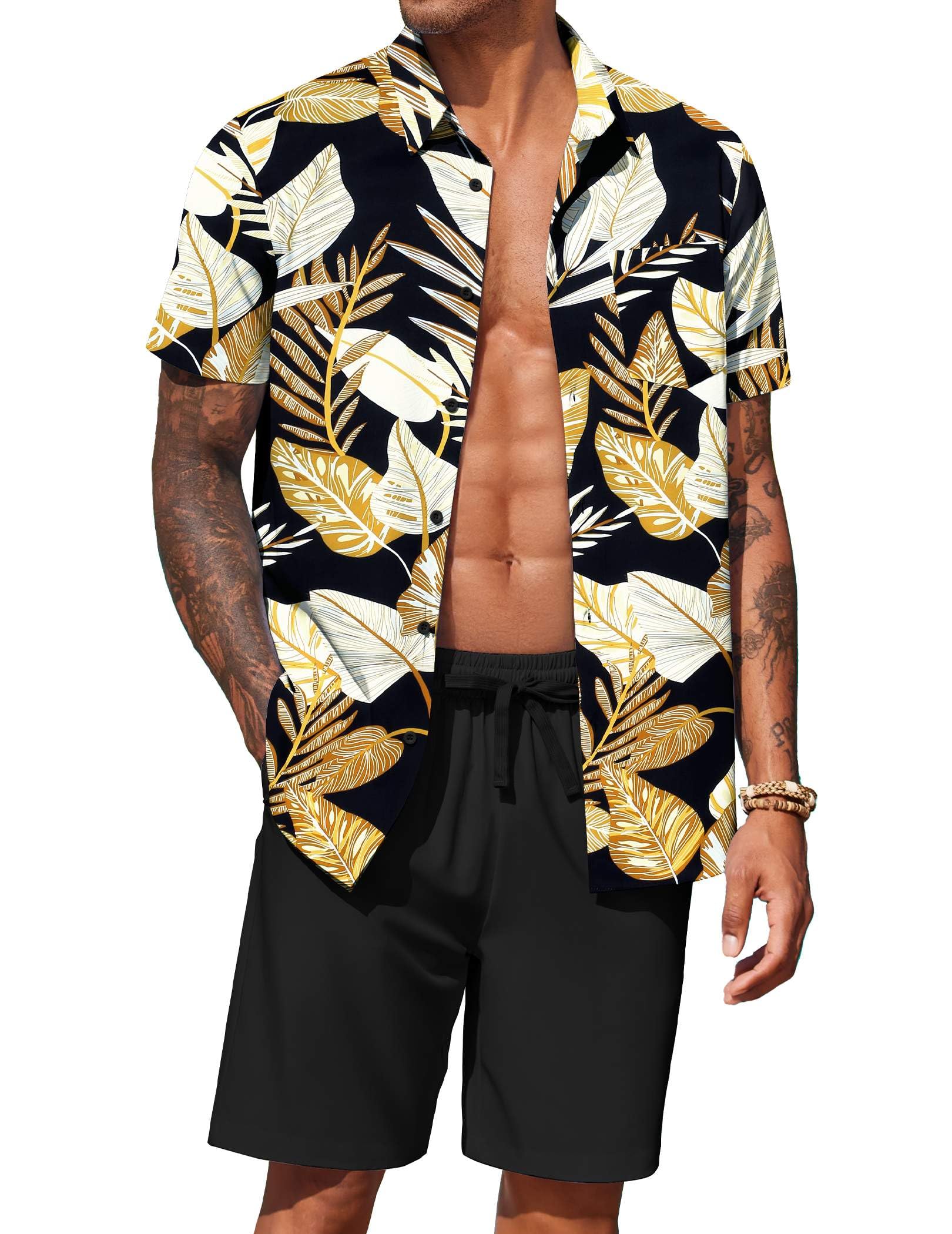 COOFANDY Men's Hawaiian 2 Piece Outfits Floral Button Down Shirt and Shorts Vacation Outfits Summer Beach Matching Set