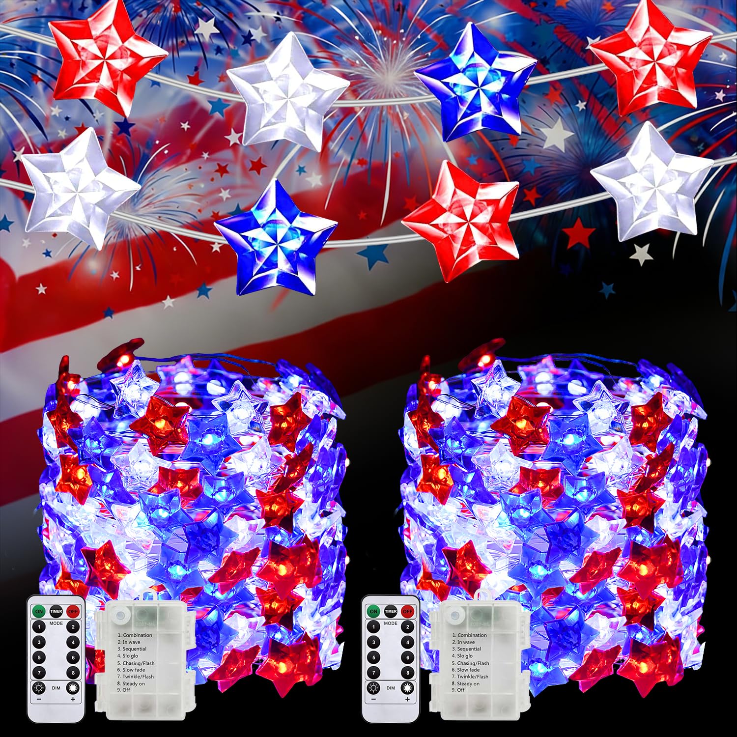 Photo 1 of 100 LED 4th of July Decorations American Star Fairy Lights Battery Operated, 2 Sets Mini Red White and Blue Star Twinkling Lights Remote & Timer with 8 Modes for Home Memorial Day Patriotic Decor