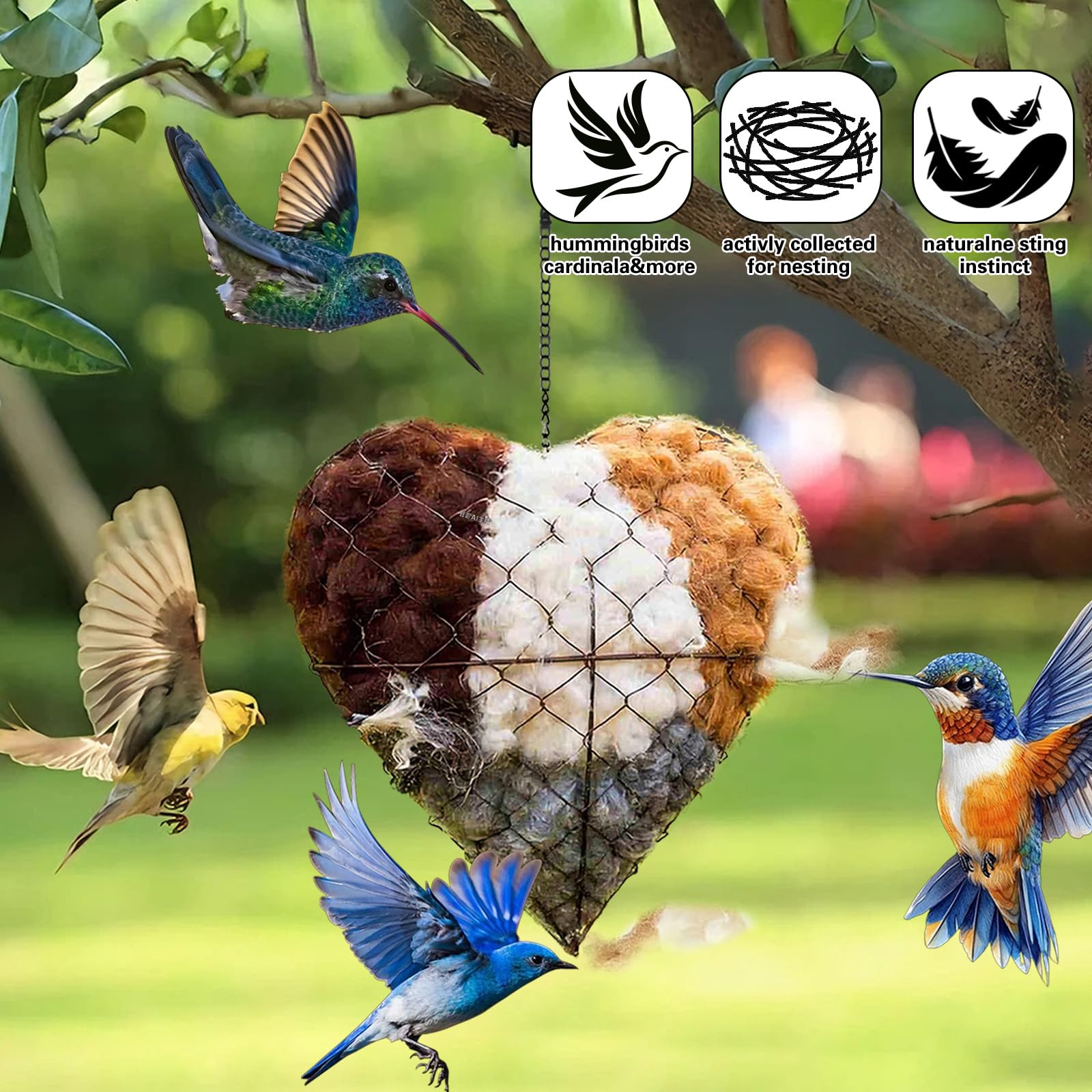 Corazón de anidación de pájaros de fibra hecho a mano, soporte de material de anidación con material de anidación, refugio de invierno para pájaros silvestres y colibríes, casa de pájaros y