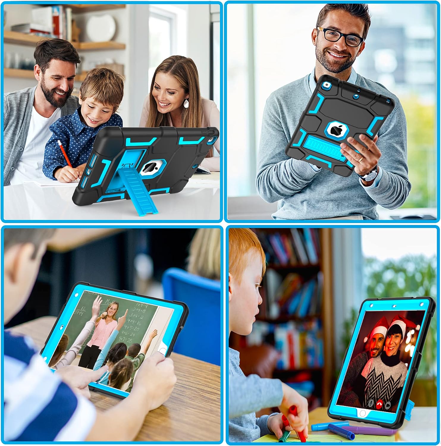 CCMAO iPad 9th Generation Case, iPad 8th/7th Generation Case, iPad 10.2 2021/2020/2019 Case with Kickstand, Heavy Duty Shockproof Hard Hybrid Three Layer Protective Cover for Kids Boys, Black+Sky Blue