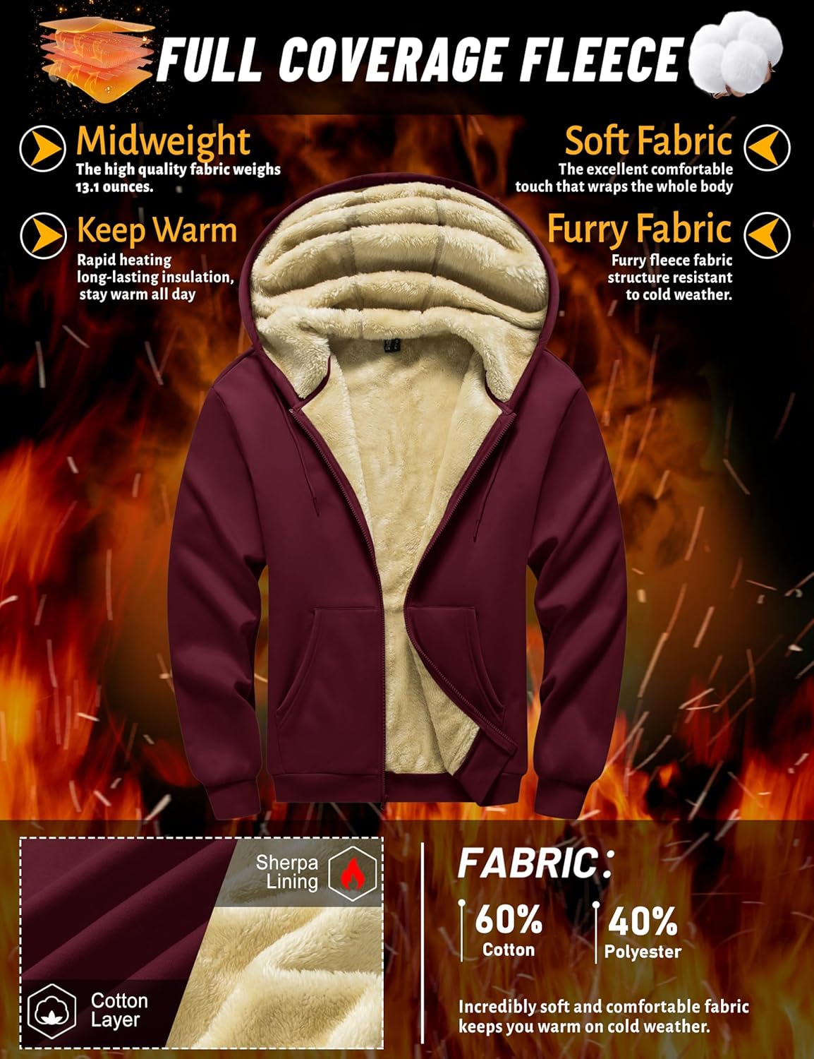 TACVASEN Men's Sherpa Lined Hoodie Full Zip Up Midweight Sweatshirt Warm Thick Fleece Cotton Winter Jacket - Image 2