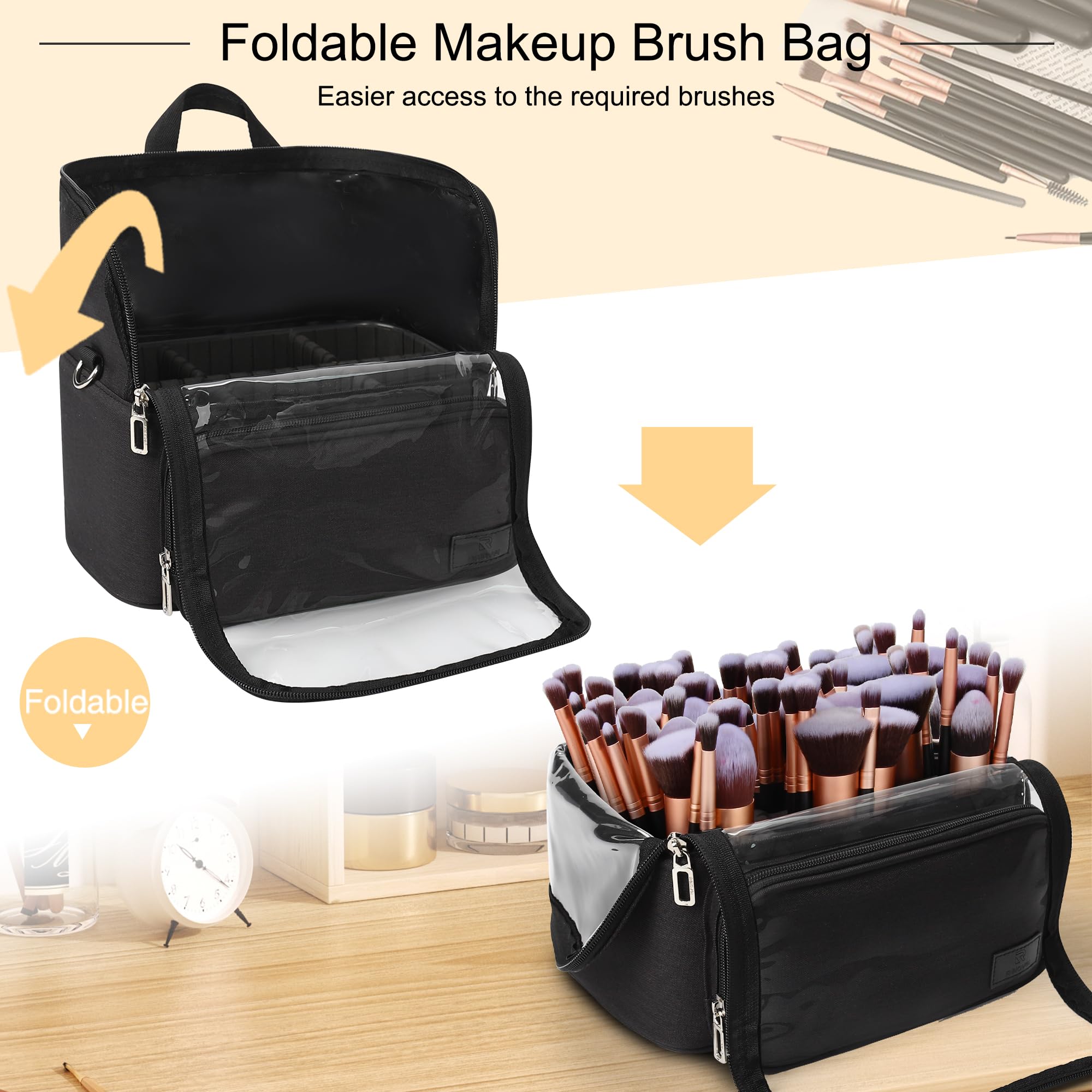 Neceser para pinceles de maquillaje extragrande, de pie y plegable, para viajes y uso doméstico, bolsa de almacenamiento profesional para artistas con separadores ajustables y correa de transporte