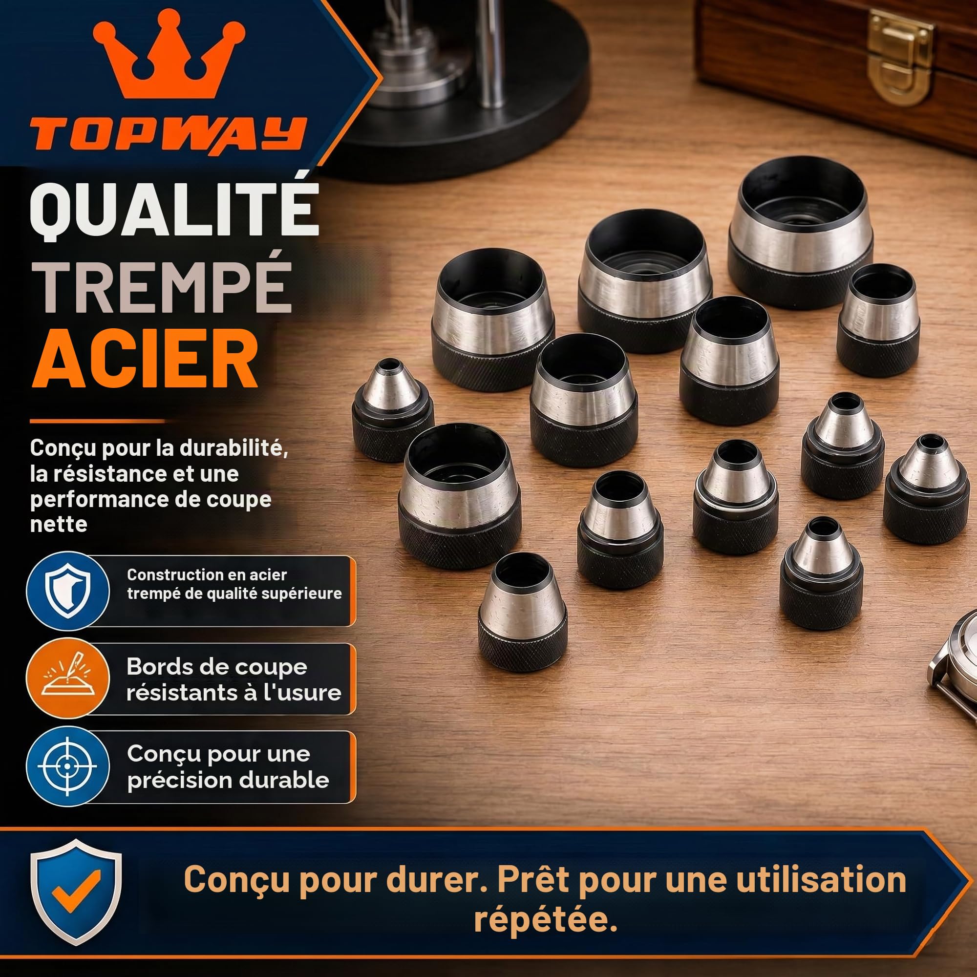 TOPWAY Ensemble de Poinçons Creux 14 Pièces, Coupe Perforateurs en Cuir Professionnel de 5-35mm avec Poignée de Serrage pour Ceinture de Travail du Cuir Joints en Caoutchouc Bracelet de Montre