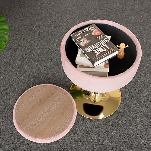 Miniatura 5 de Taburete de tocador rosa para sala de maquillaje, silla de tocador de piel sintética, otomana de almacenamiento redondo, reposapiés ajustable en