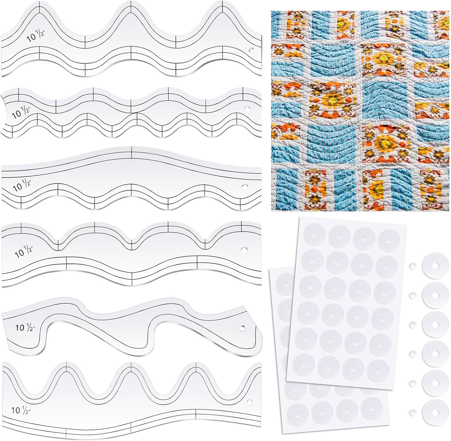 Kigley 6 Pcs Free Motion Quilting Templates Waves Acrylic Quilting Rulers for Machine Free Motion Sewing Stencils Patchwork Splicing with 144 Pcs Nonslip Grips (Rolling, Gentle and Storm)