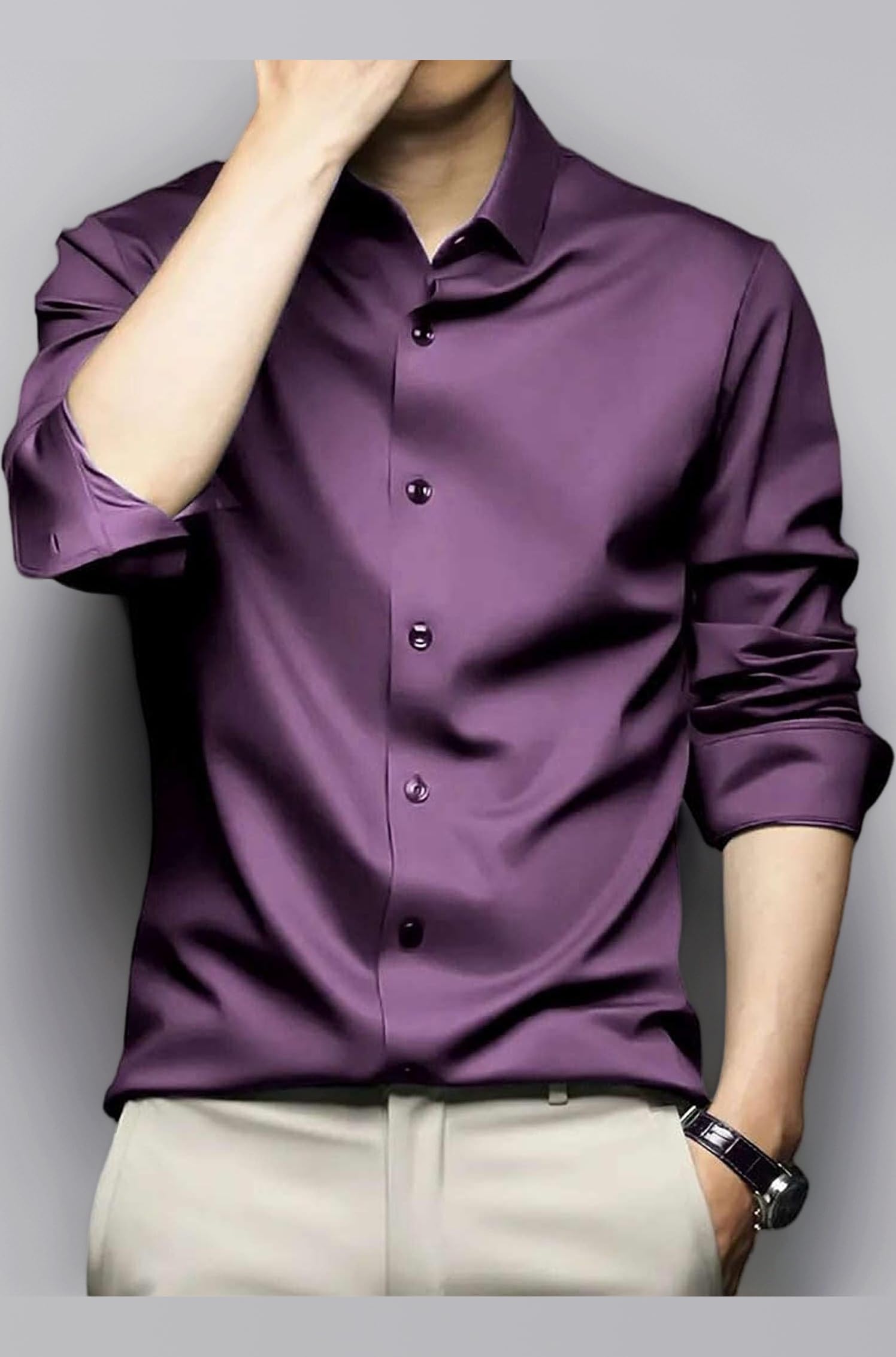 IndoPrimo Men's Stylish Solid Satin Casual Shirt for Men Full Sleeve