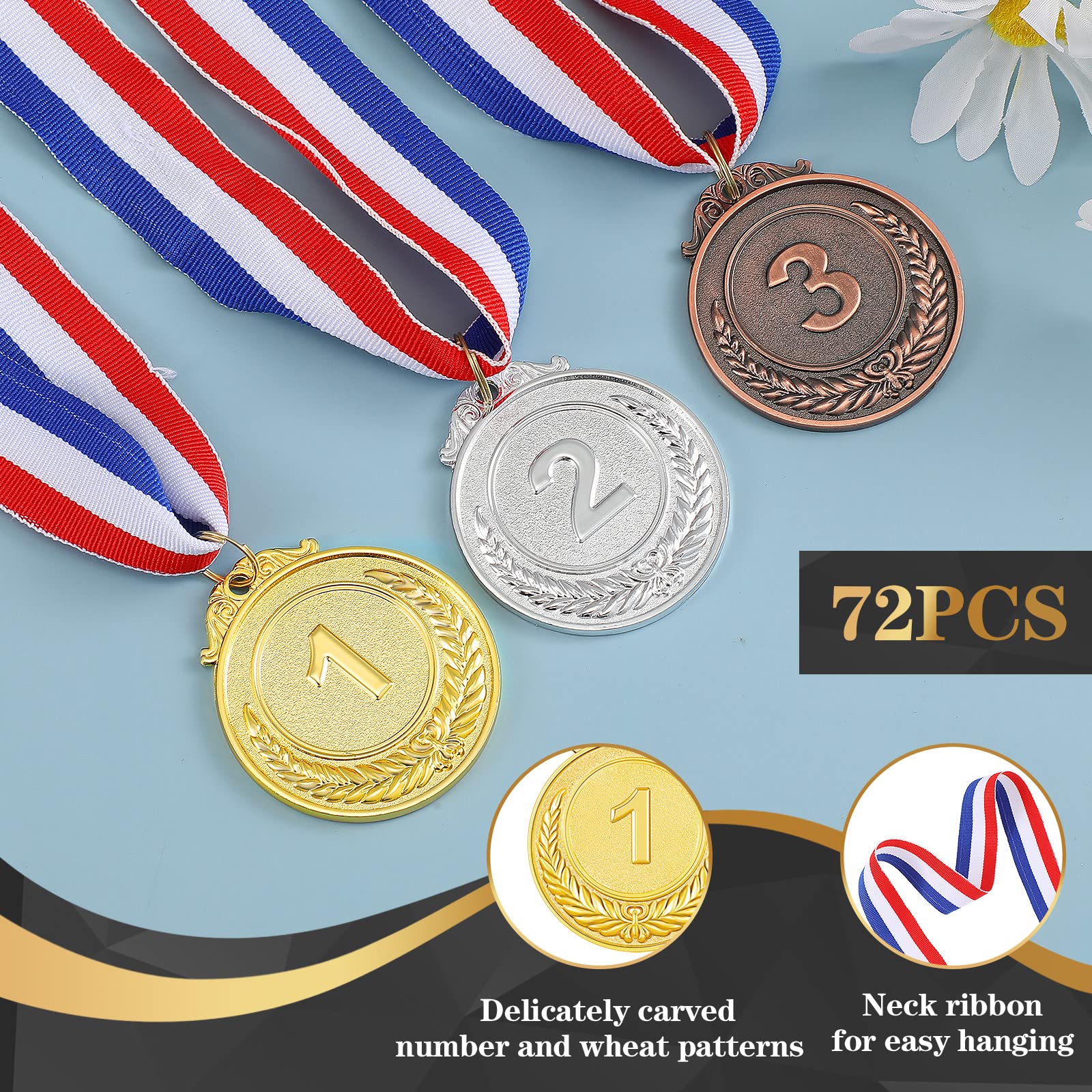 Sasylvia 72 Stück Gold Silber Bronze Award Medaillen Gewinner Medaillen Metall Teilnahme Medaillen mit Nackenband 1. 2. 3. Preis Medaillen für Erwachsene Kinder Wettbewerbe Fußball Sport Party