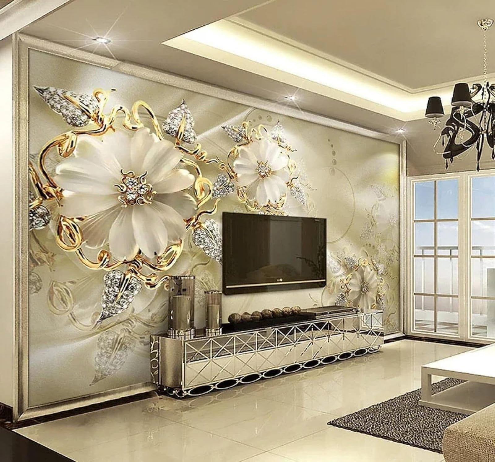 XLMING Luxury Diamonds Jewellery Gold Flowers Art 3D Wallpaper Luxury Silk Study Dining Feature Sofa Grey Bedroom Living Room Tv Decorative Wall-250cm×170cm