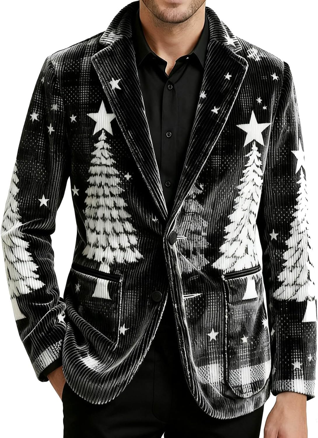 Mens Ugly Christmas Blazer Vintage Corduroy Christmas Suit Jacket Xmas Print Holiday Party Jacket with Pockets - Image 2