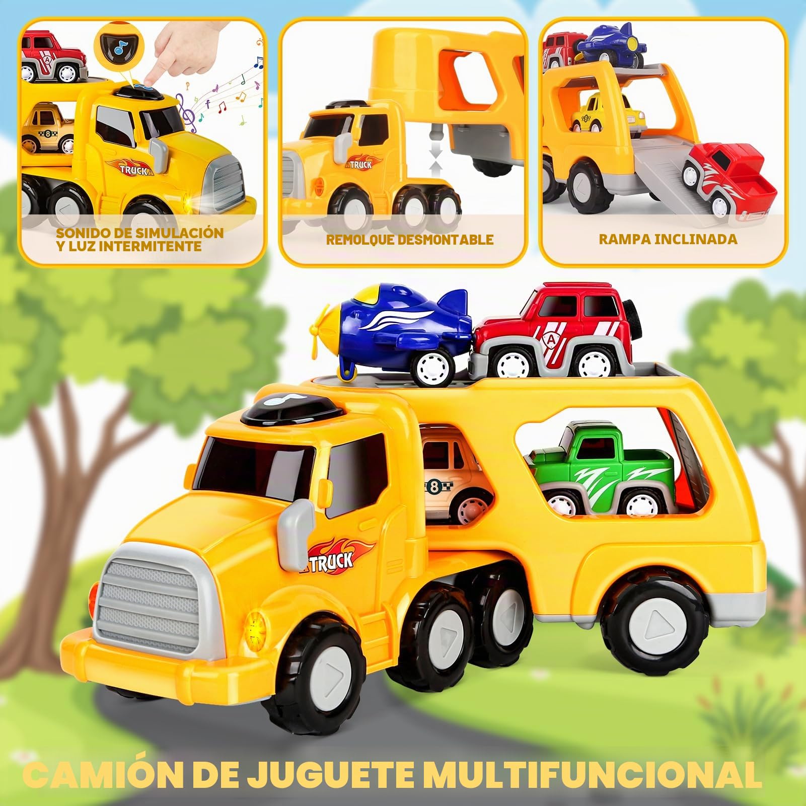 Aoskie Camion Transportador de Coches para Niños, 5 in 1 Coches Juguete con Sonido y Luces Regalo para Niños Bebe 1 2 3 4 Años