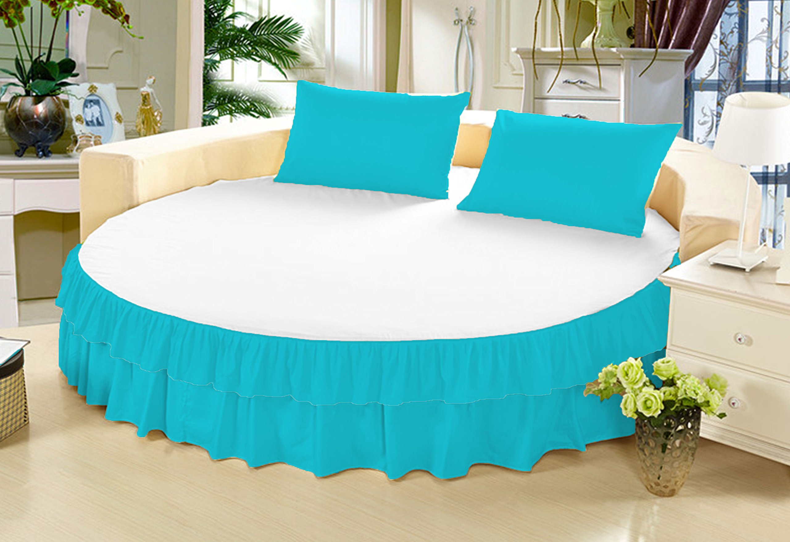 Biancheria da letto, 3 pezzi, gonna rotonda con volant, 38,1 cm, lunghezza goccia in cotone egiziano 600 TC, colore turchese 223 cm diametro