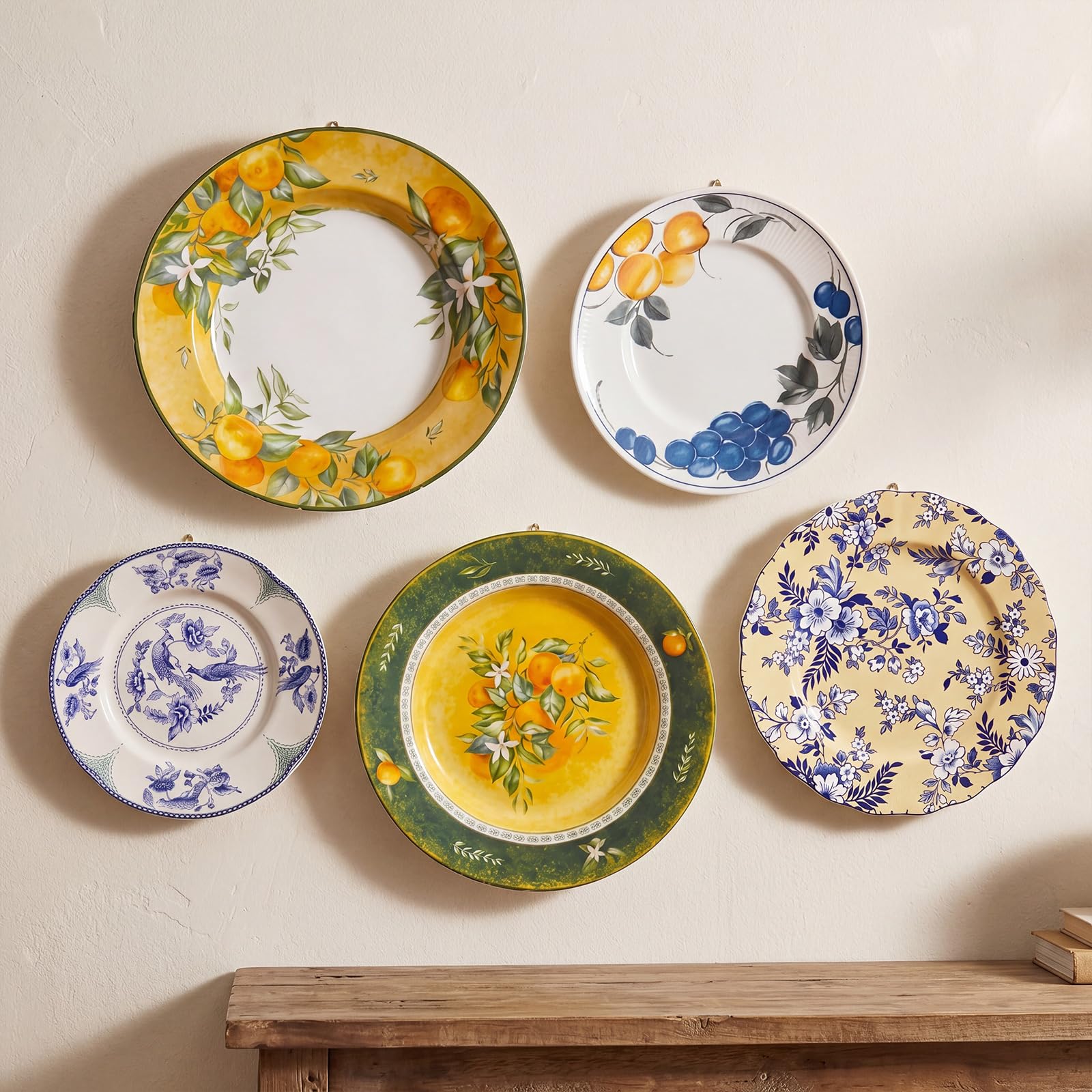 Yiyiring 5 Pcs Coastal Vintage Ceramic Wall Plates Set, Blue White and Yellow Decoration Hanging Plates with Botanical Patterns, Holland Vintage Gifts for Wall, Home Office Art Ornament(Fruit)