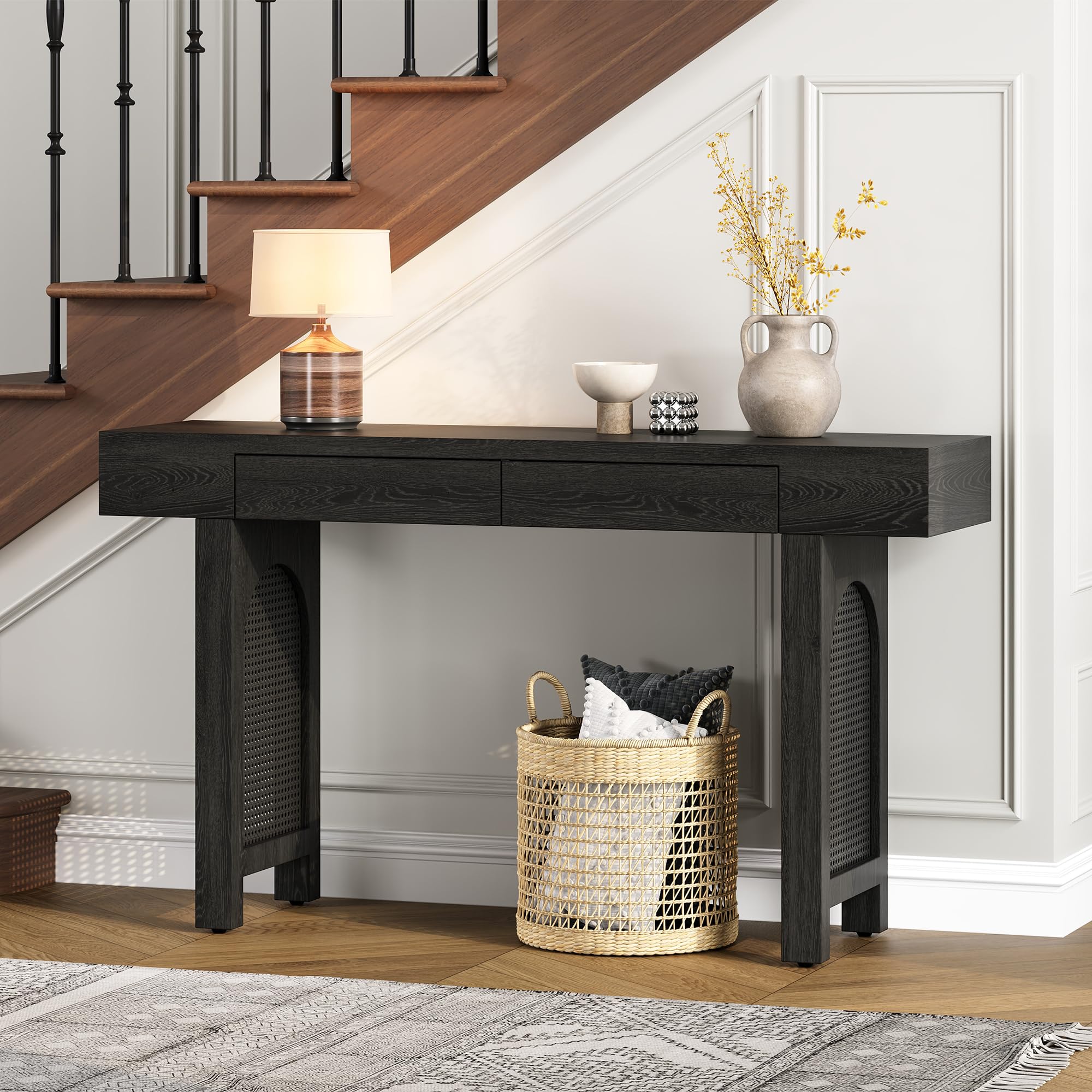 Narrow Console Table with Rattan Accent, Natural Wood Finish Entryway Table with Storage Drawers, Stylish Rustic Sofa Table for Living Room and Hallway (Antique Black)