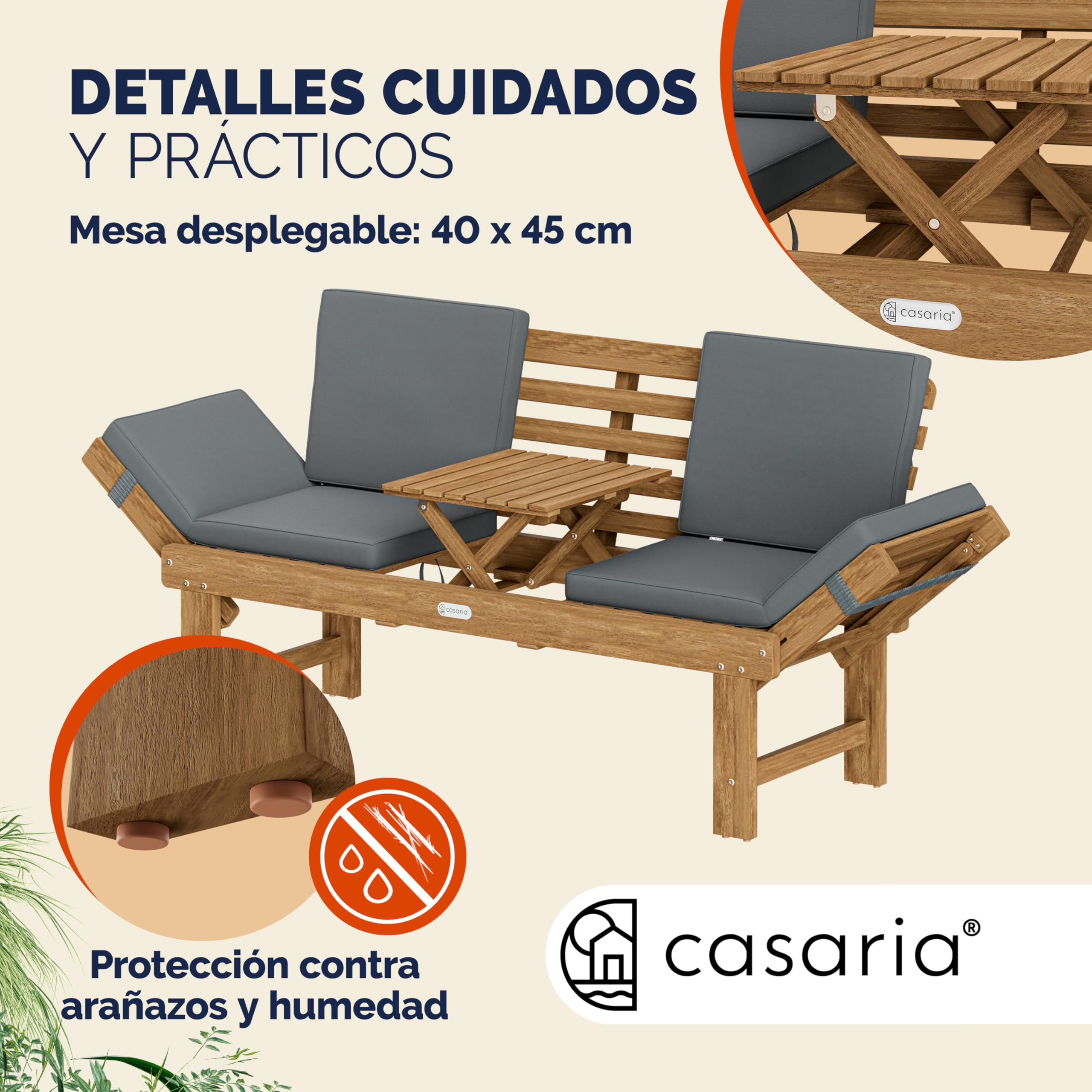 CASARIA Banco de Jardín Plegable con Mesa 200x50cm Madera de Acacia | Certificación FSC, Carga hasta 320Kg, Tumbona 200cm, Incluye Cojines, Mesa desplegable, Patio, Terraza, Resistente, Robusto