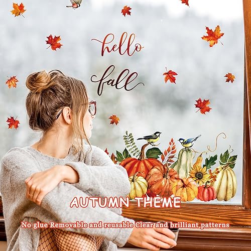 Miniatura 4 de Whaline 9 hojas de calcomanías coloridas de doble cara para ventana de otoño, Acción de Gracias, pájaro, calabaza, hoja de arce, calcomanías