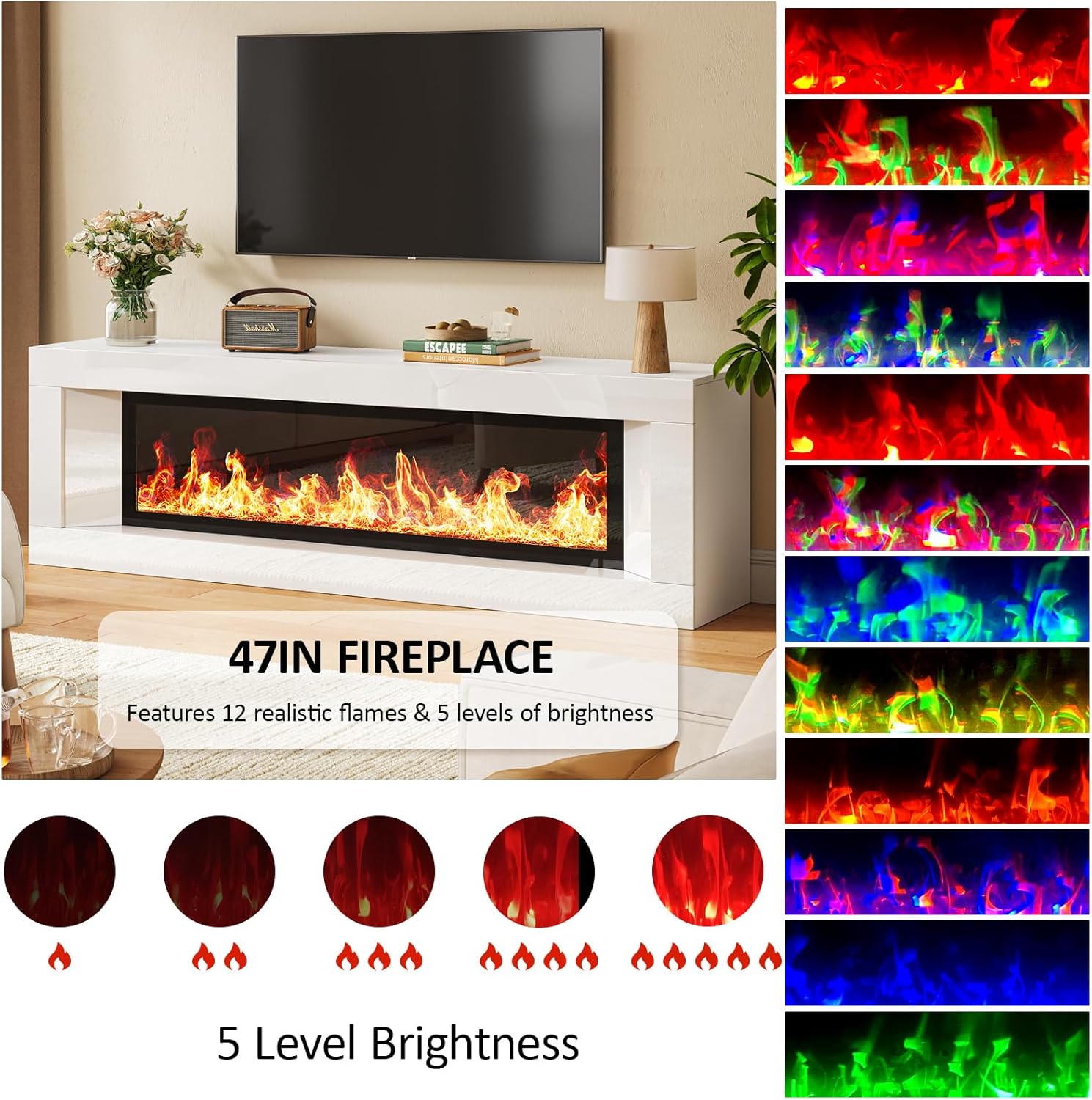 High Gloss Fireplace TV Stand with 47" Electric Fireplace, Unheated 63" Entertainment Center with Fireplace, Modern Wood TV Console with 12 Electronic Flame Colors for Living Room, White