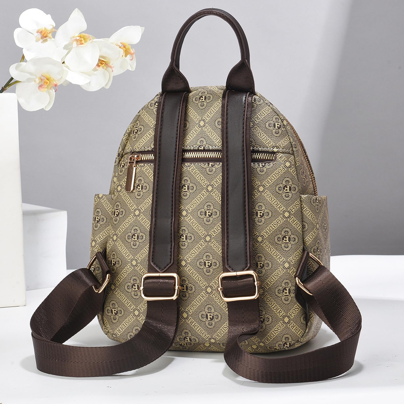 NICOLE & DORIS Petit Sac à Dos Femme Léger Mini Sac a Main a Dos PU Cuir Daypack Sac a Dos Etanche Feminin pour Travail Shopping Voyage Kaki Motif