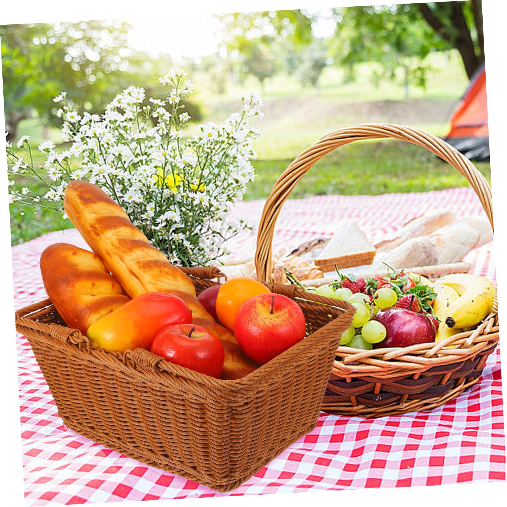 LABRIMP Cesta de Picnic Tejida de Ratan Imitación con Asa Contenedor de para Almacenamiento para Excursiones y Decoración de Eventos