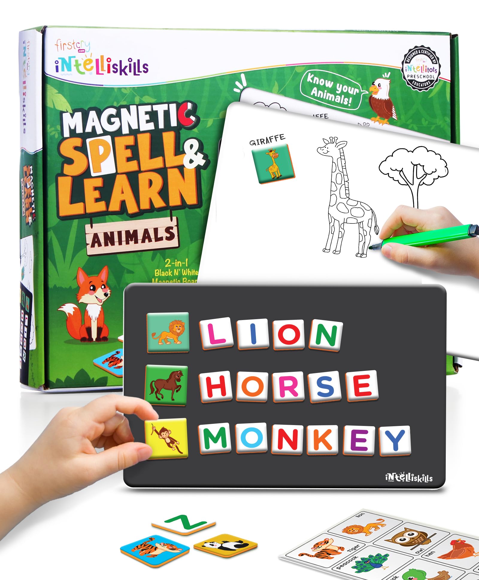 Intelliskills Premium Magnetic Animal Spell & Learn Board for Kids-72 Letters,32 Pictures&1 Magnetic Board,Magnetic Alphabets for Kids,Learning & Educational Toy for 3+ Year Old,Spelling Game for Kids