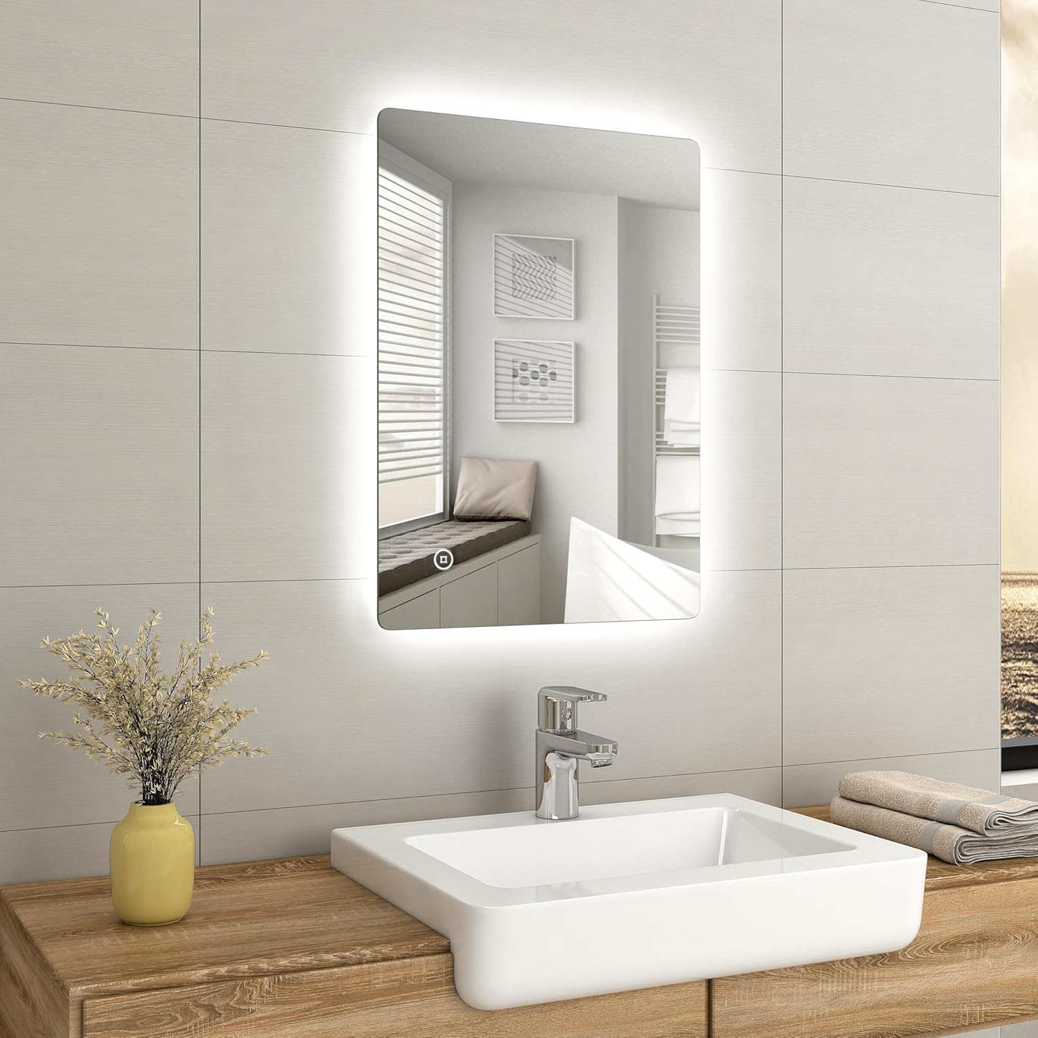 EMKE LED Backlit Bathroom Mirror installed above a sink