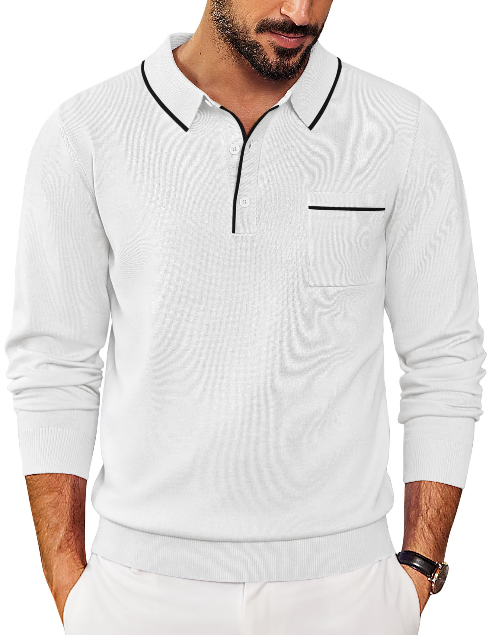Mens Knit Polo Long Sleeve Collared Sweater Polo Business Casual Polos with Pocket