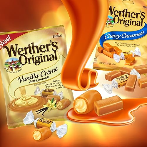 Miniatura 2 de Werthers Original Vanilla Creme - Caramelos suaves y caramelo masticable, paquete de 4 (2 de cada uno)  Caramelo suave Werthers envuelto
