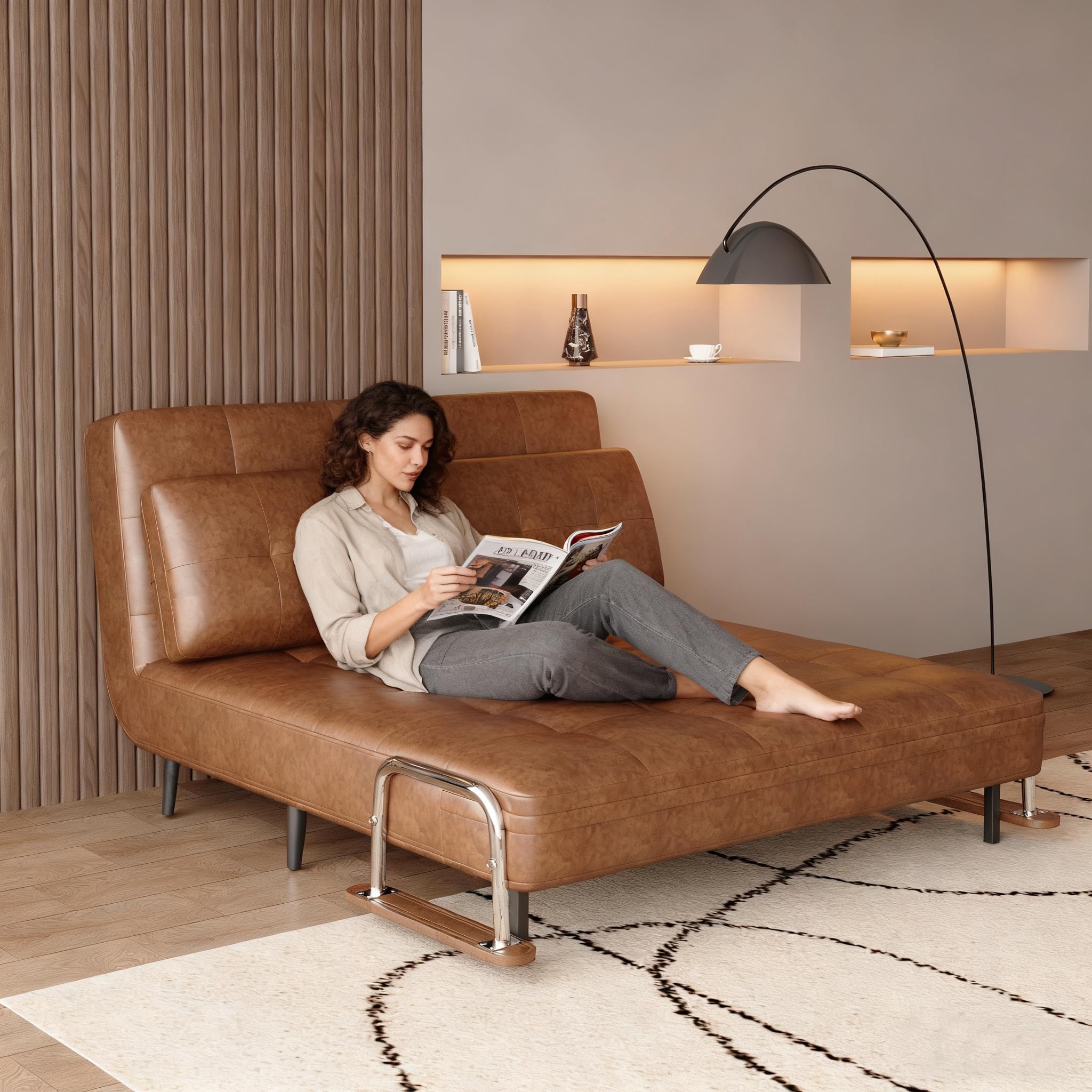 KAANAA Schlafsofa Klappsofa 150 cm, Braun, Lederoptik | 150 cm Breite, Klappfunktion, Lederoptik, Mit Matratze, Metallgestell, Platzsparend, Für kleine Räume