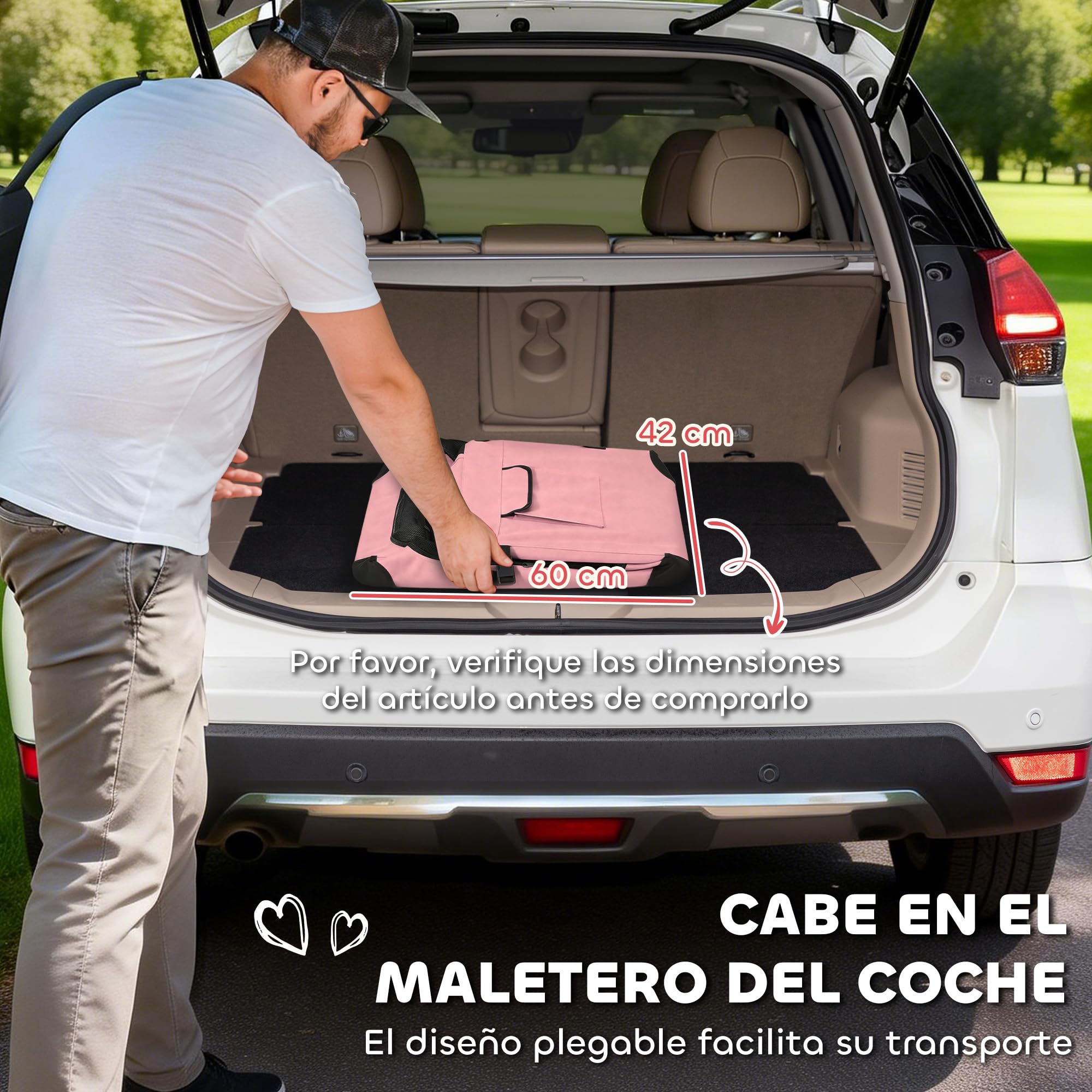 PawHut Transportín para Perros Plegable, 60x41,5x41 cm, Transportín para Mascotas con Ventanas de Malla, Cojín Suave y 2 Asas, Bolsa de Transporte para Mini Perros, Gatos, Rosa